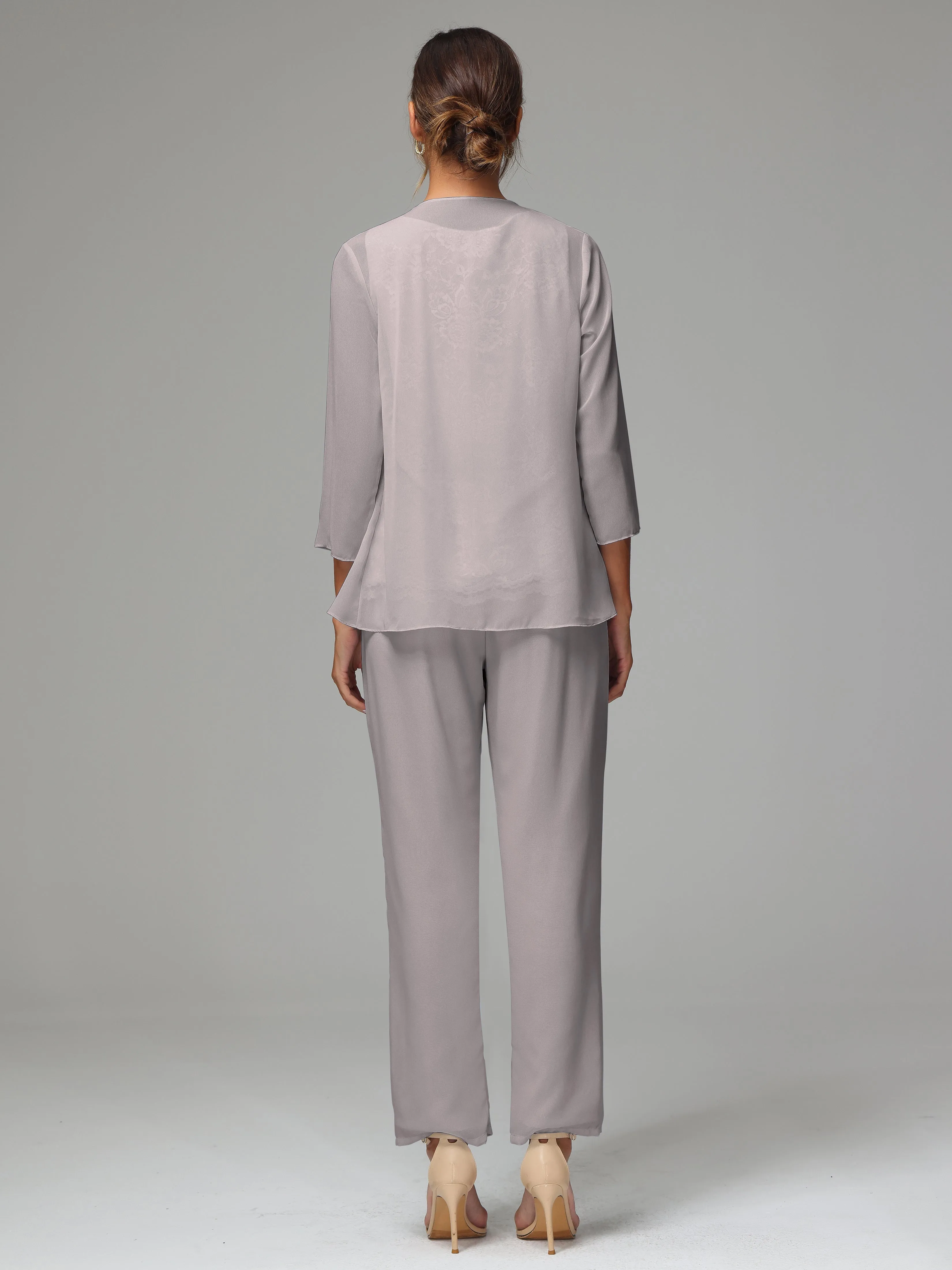 Chiffon Lace Long Sleeves 3 Pieces Mother Of The Bride Dress Pants Suits