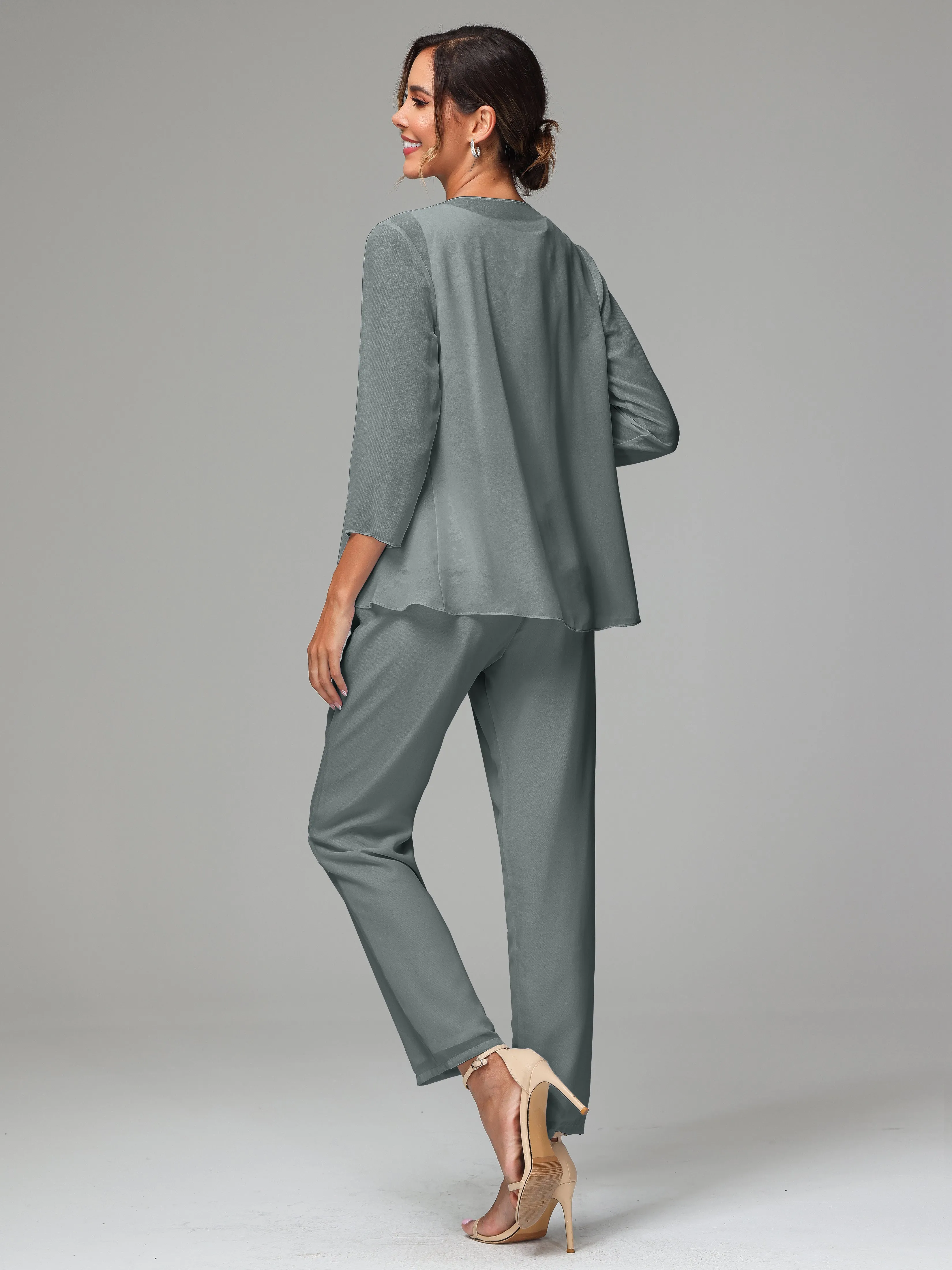 Chiffon Lace Long Sleeves 3 Pieces Mother Of The Bride Dress Pants Suits