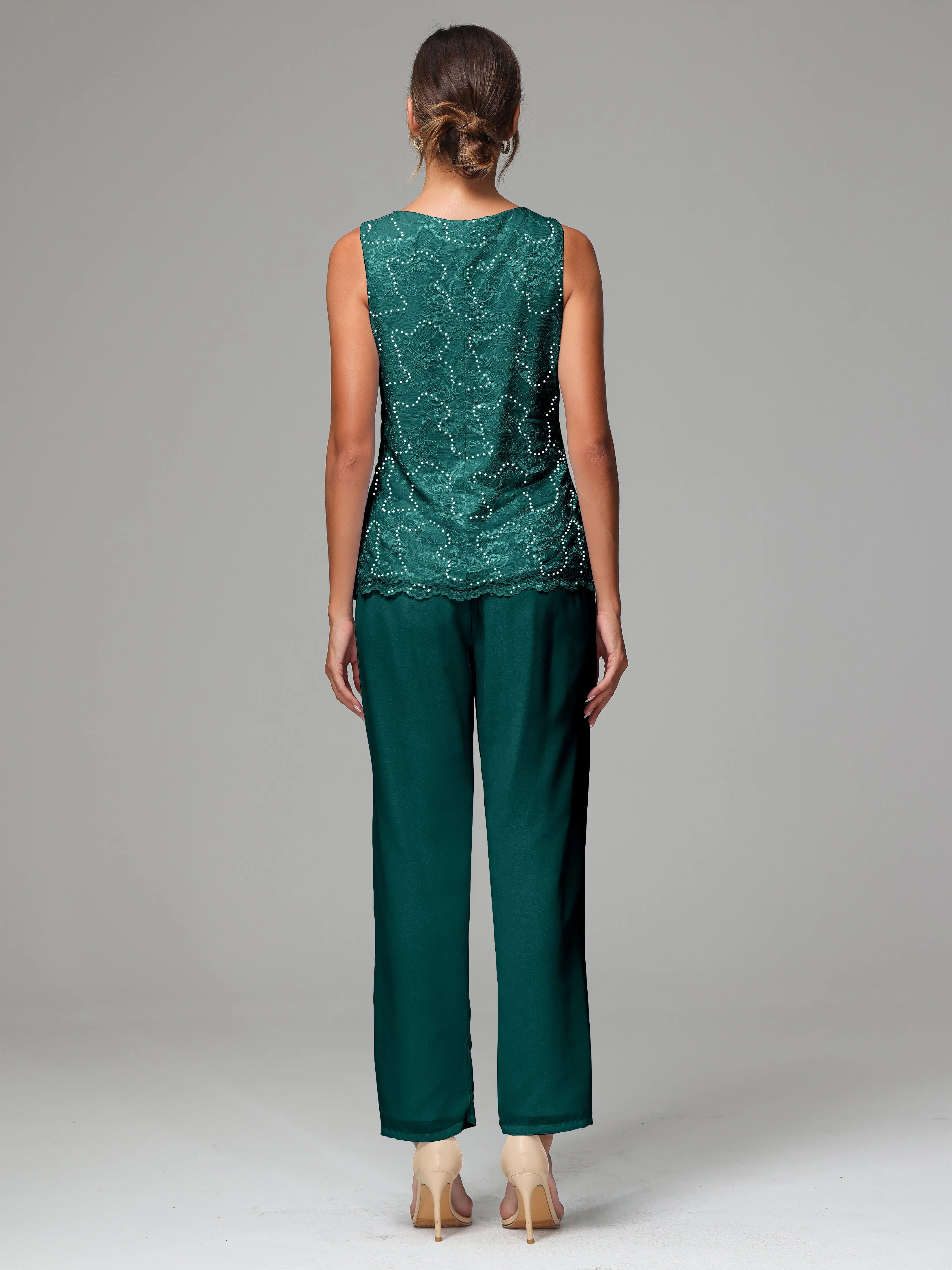 Chiffon Lace Long Sleeves 3 Pieces Mother Of The Bride Dress Pants Suits