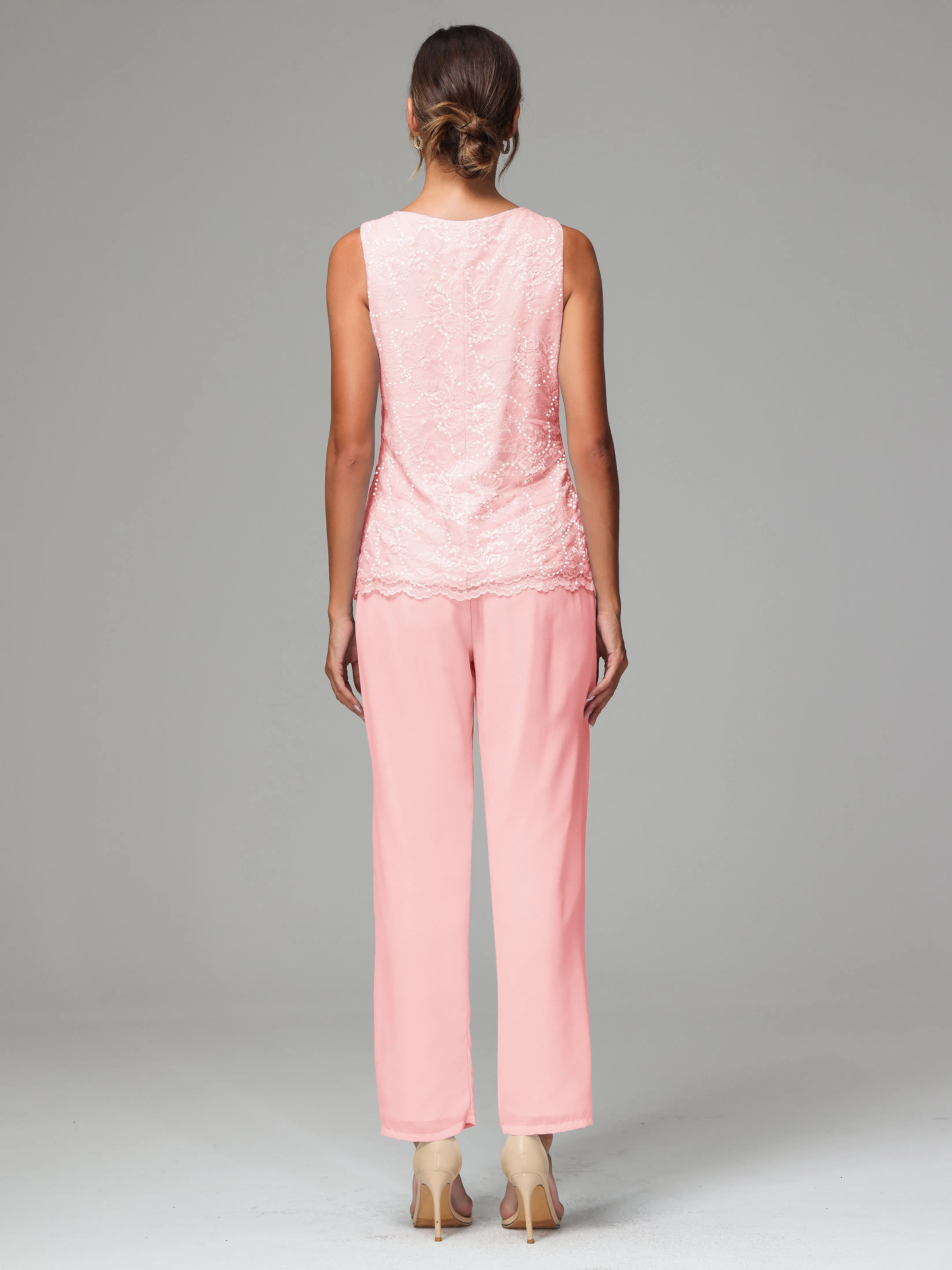 Chiffon Lace Long Sleeves 3 Pieces Mother Of The Bride Dress Pants Suits
