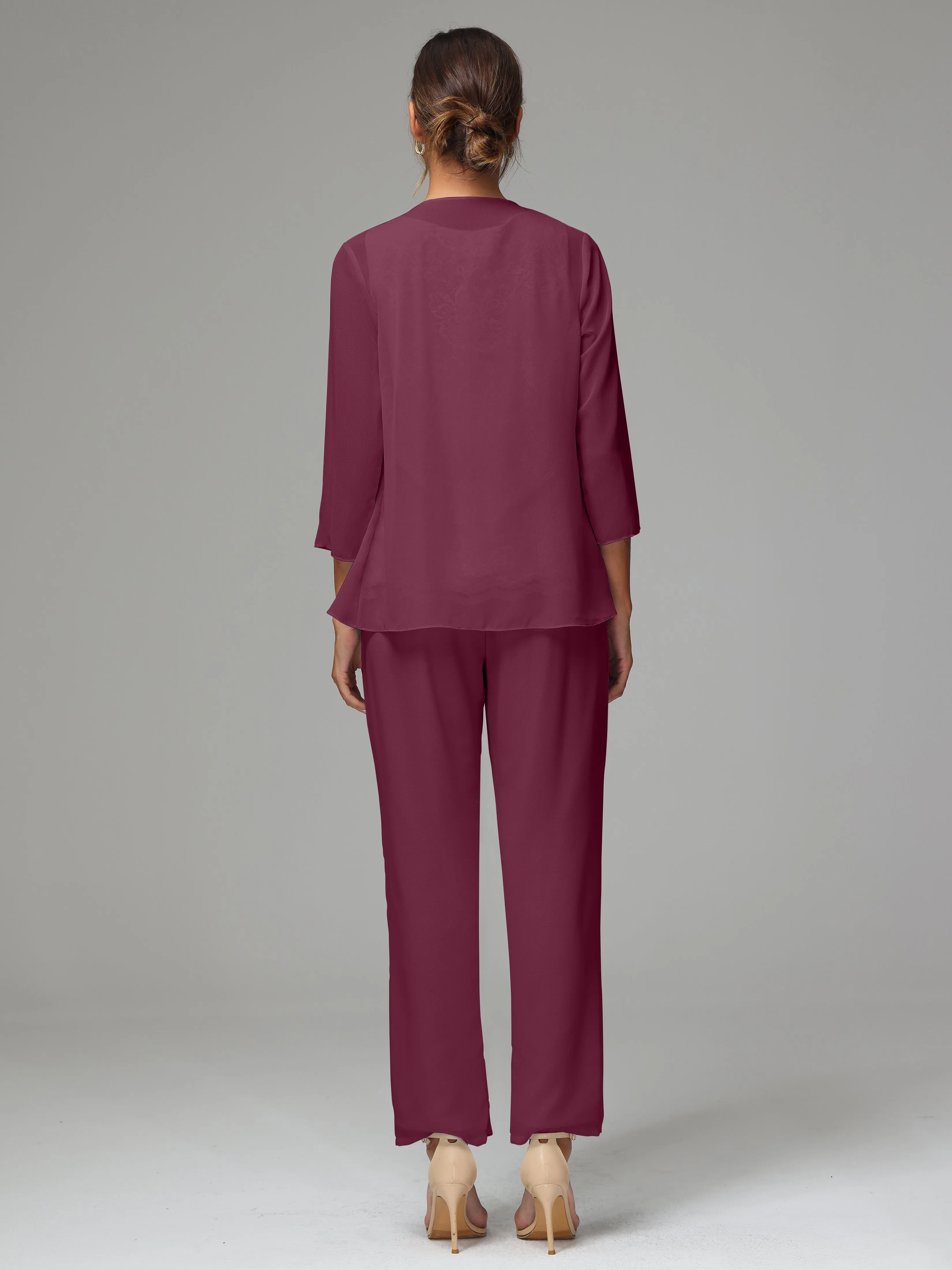 Chiffon Lace Long Sleeves 3 Pieces Mother Of The Bride Dress Pants Suits