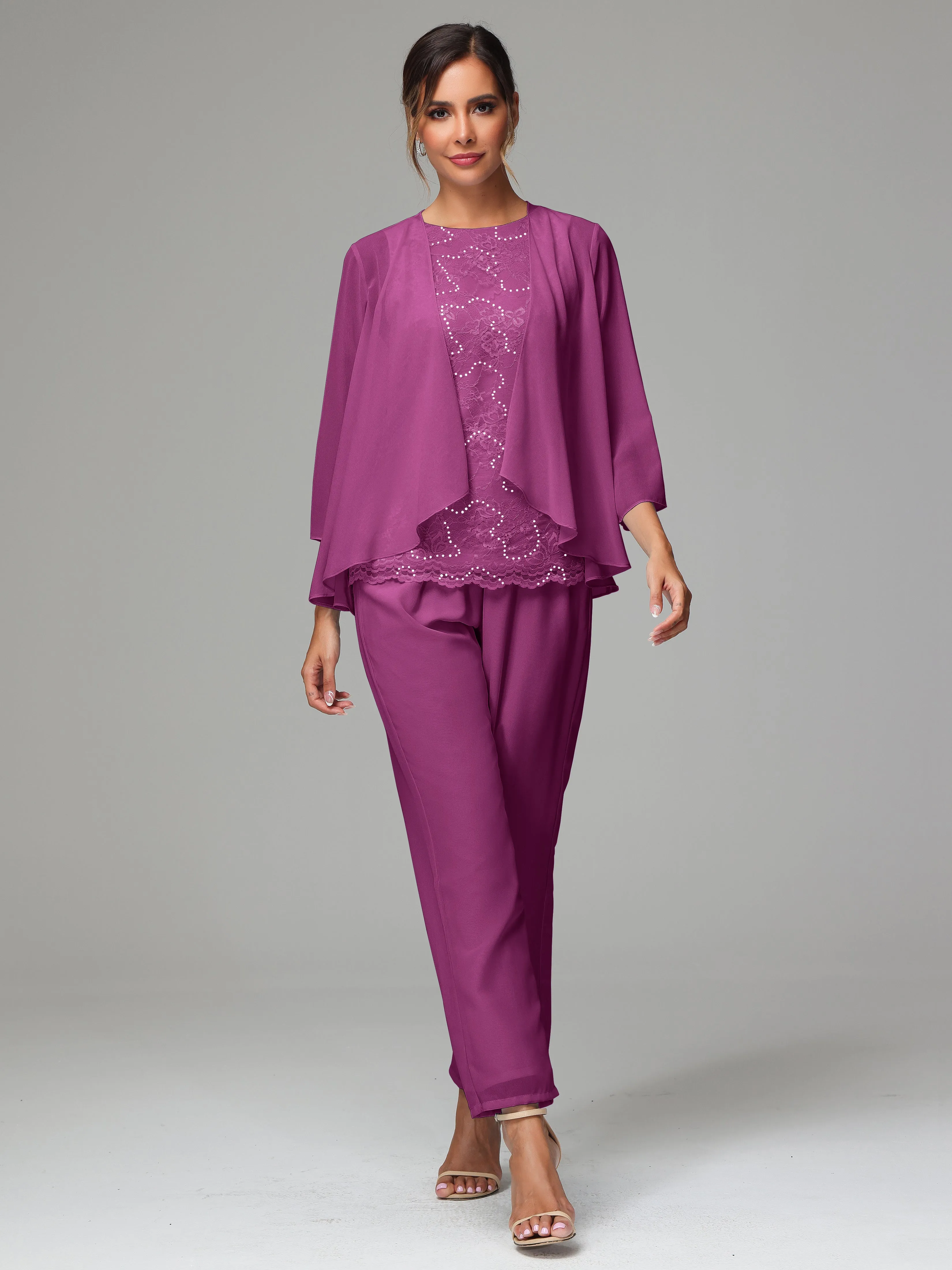 Chiffon Lace Long Sleeves 3 Pieces Mother Of The Bride Dress Pants Suits