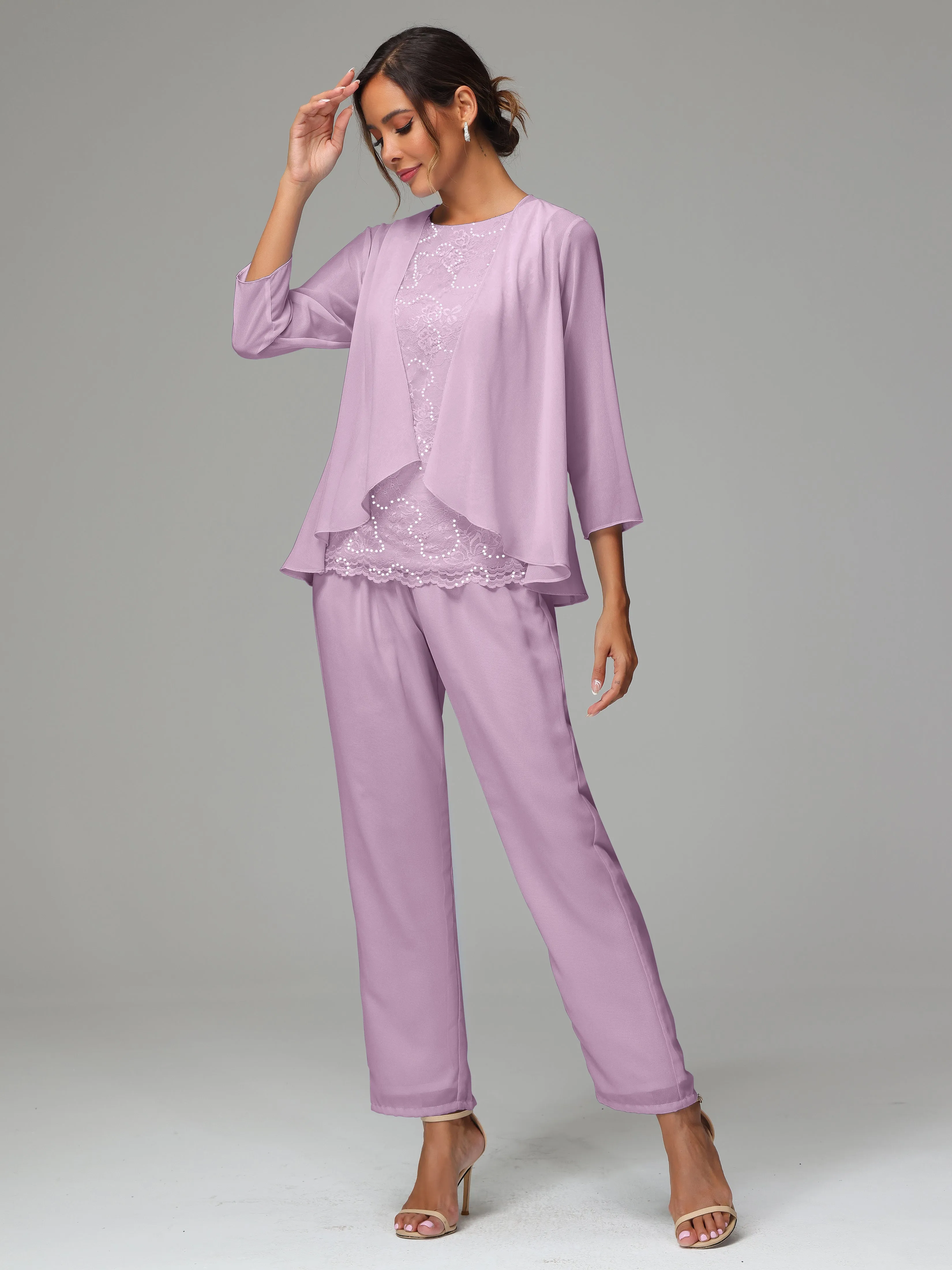 Chiffon Lace Long Sleeves 3 Pieces Mother Of The Bride Dress Pants Suits