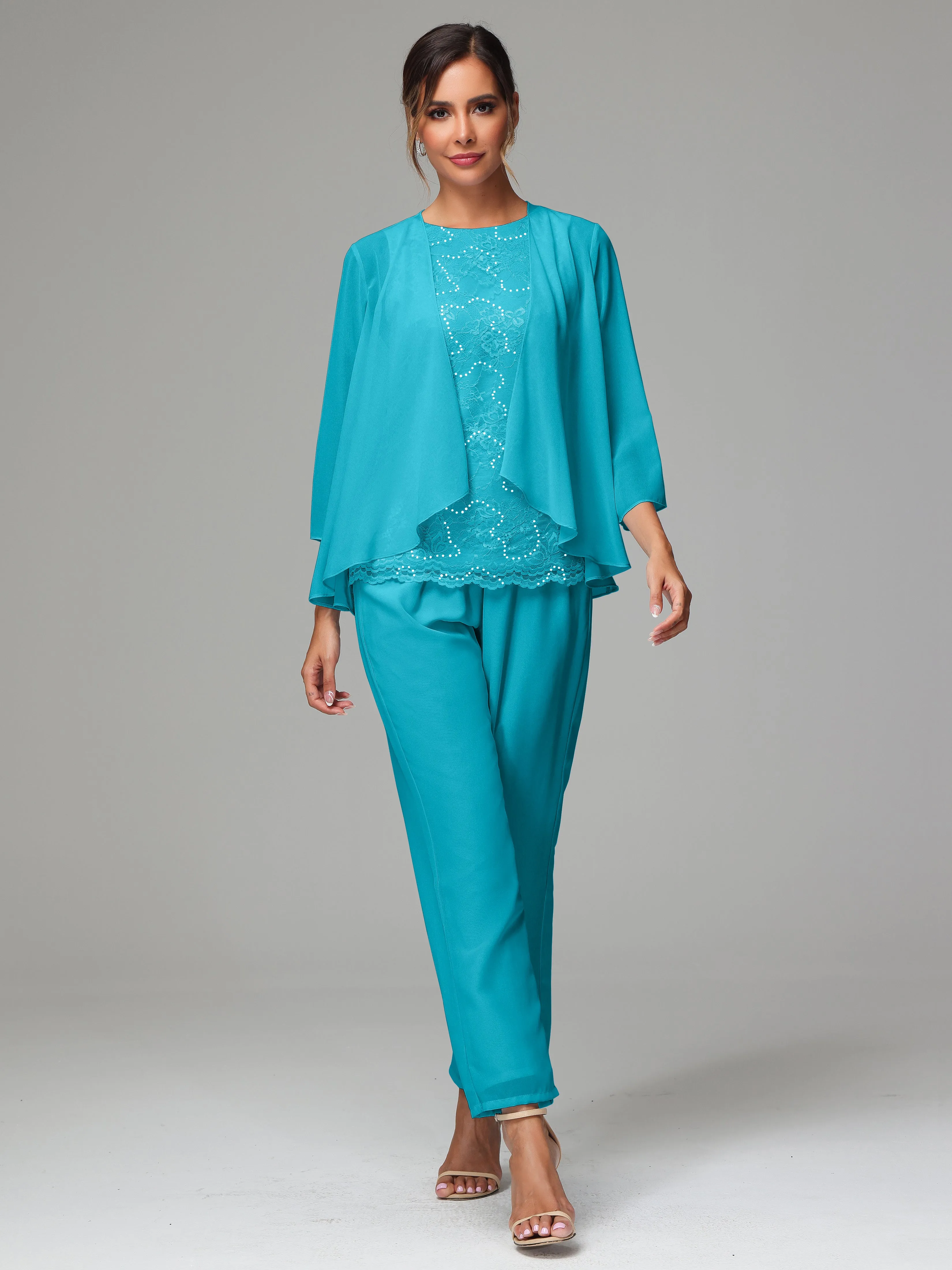 Chiffon Lace Long Sleeves 3 Pieces Mother Of The Bride Dress Pants Suits
