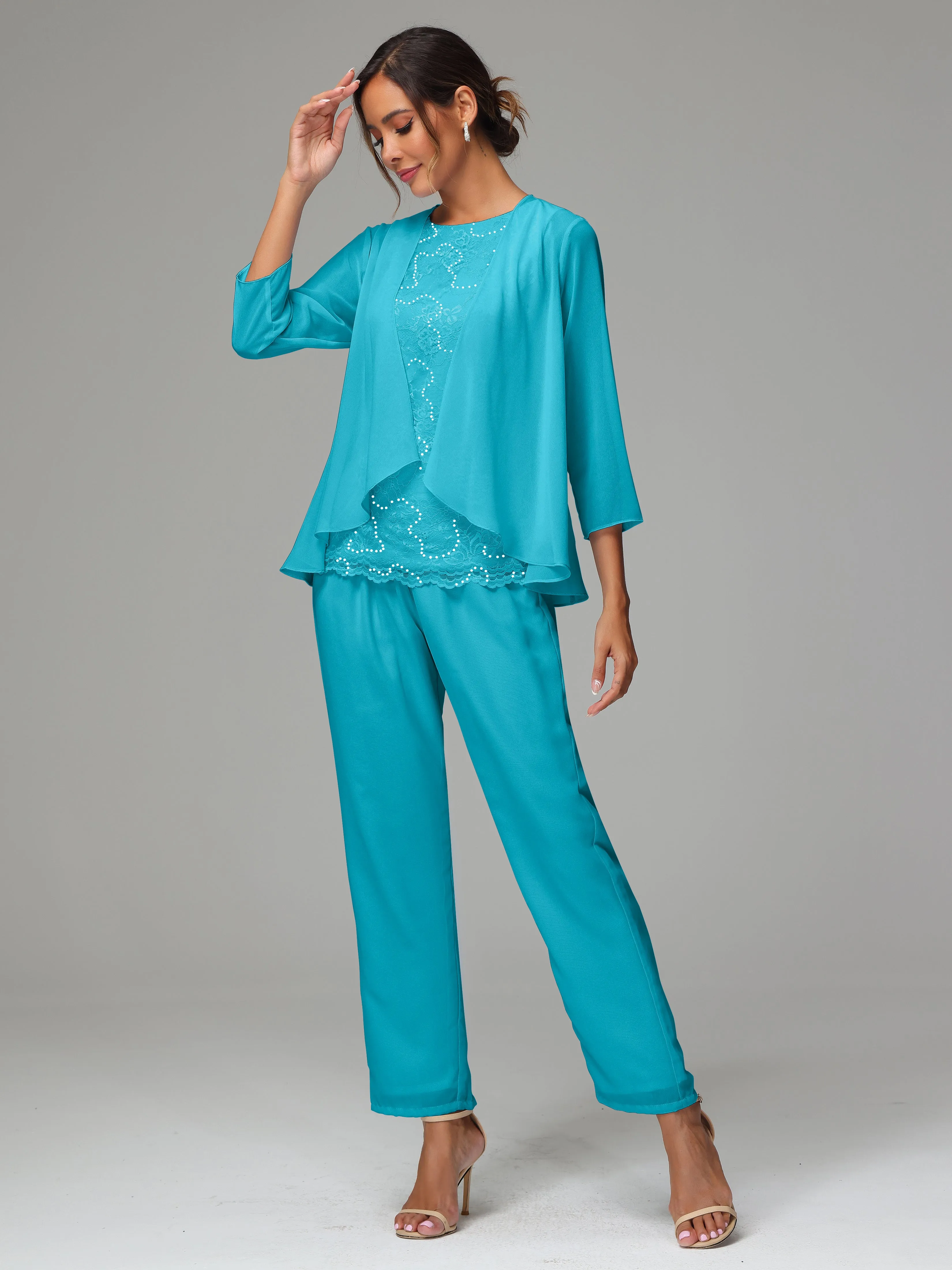 Chiffon Lace Long Sleeves 3 Pieces Mother Of The Bride Dress Pants Suits