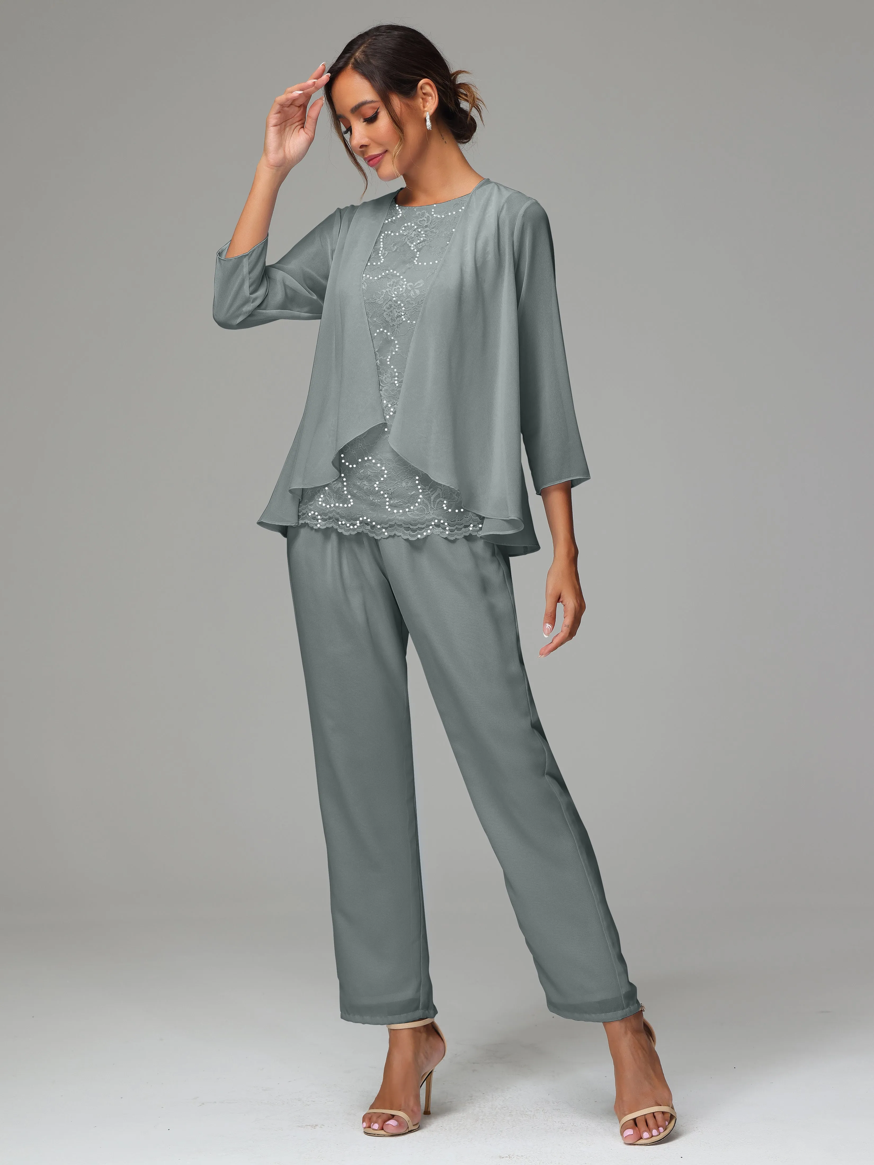 Chiffon Lace Long Sleeves 3 Pieces Mother Of The Bride Dress Pants Suits