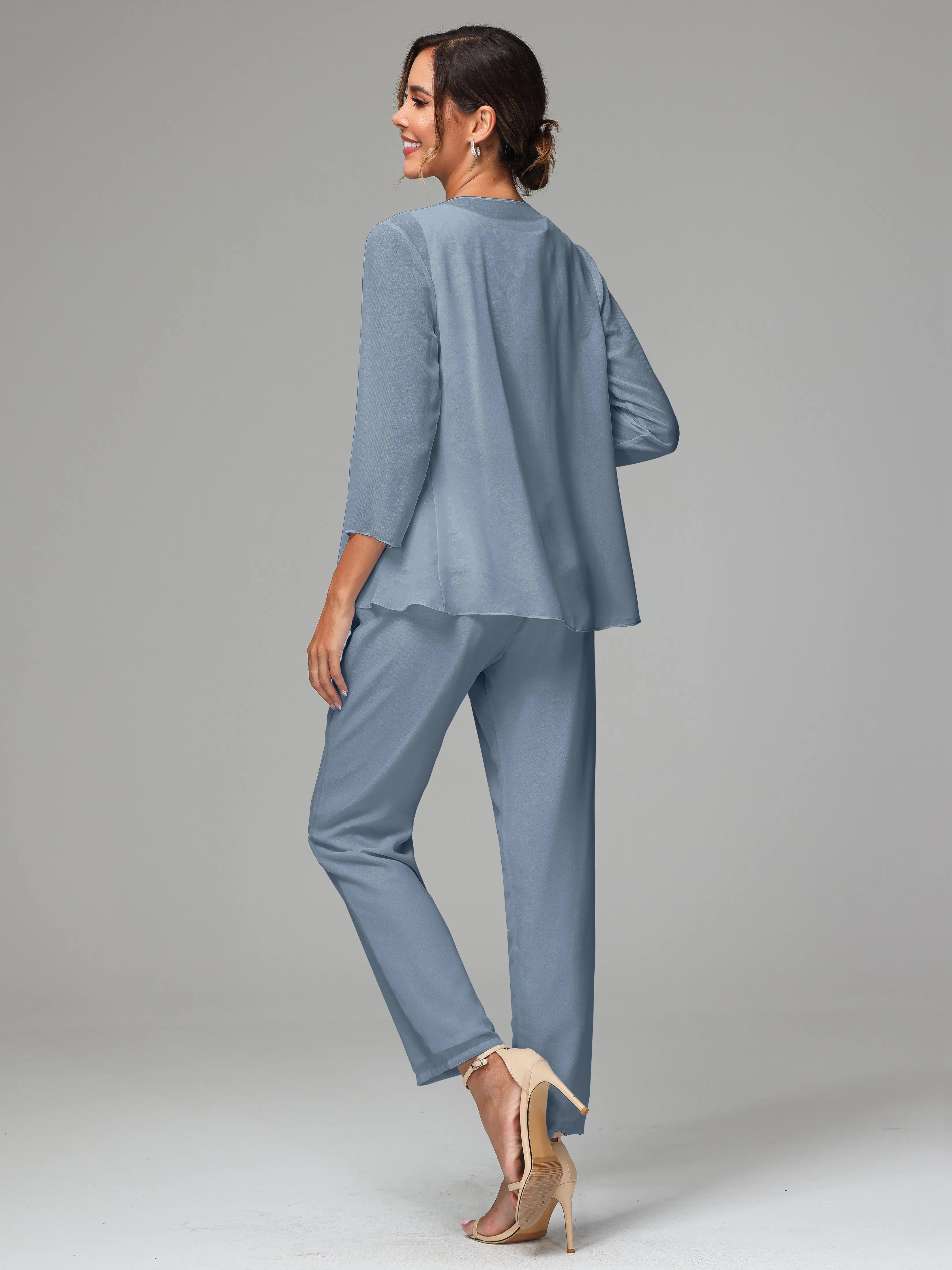 Chiffon Lace Long Sleeves 3 Pieces Mother Of The Bride Dress Pants Suits