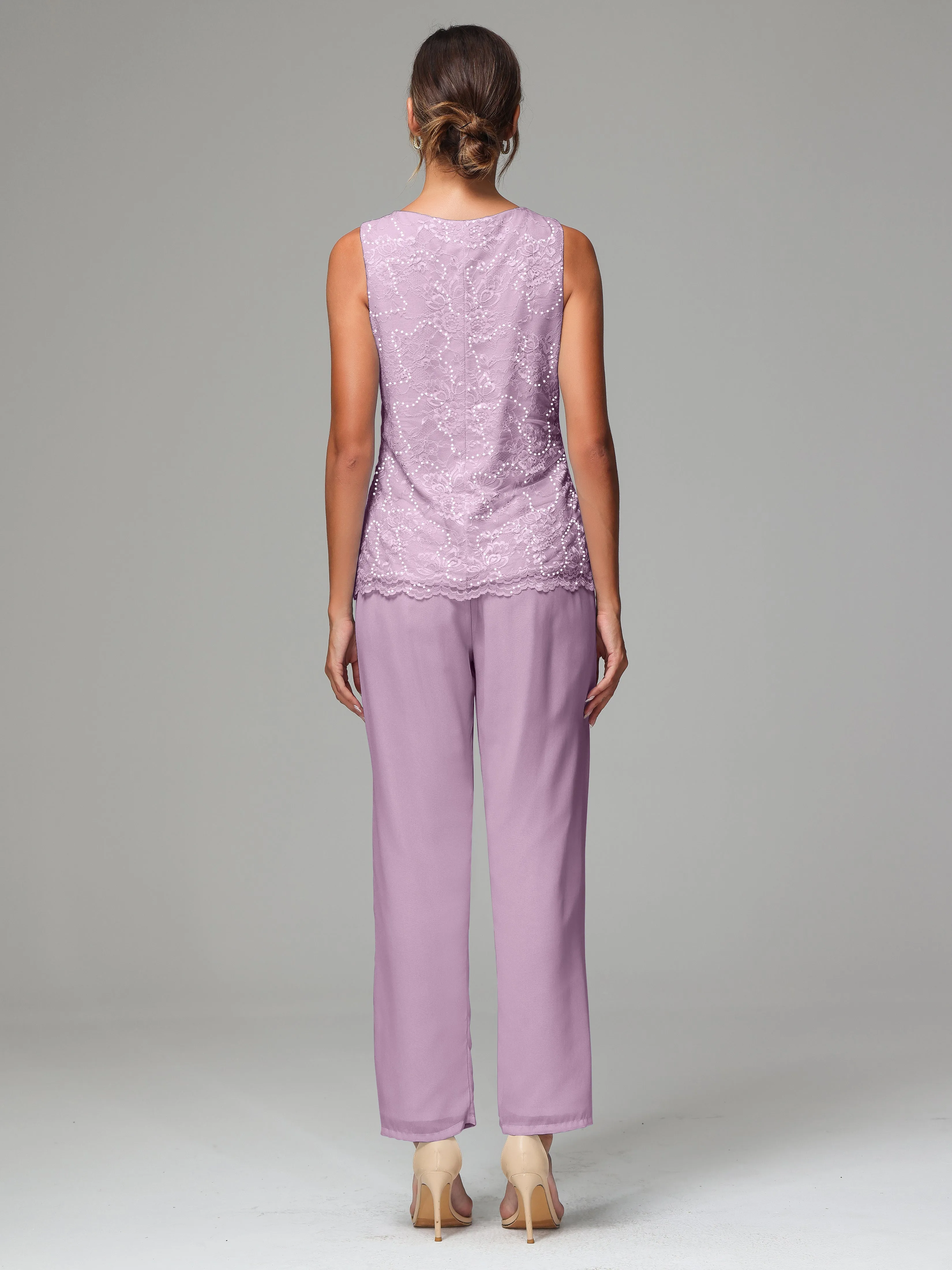 Chiffon Lace Long Sleeves 3 Pieces Mother Of The Bride Dress Pants Suits