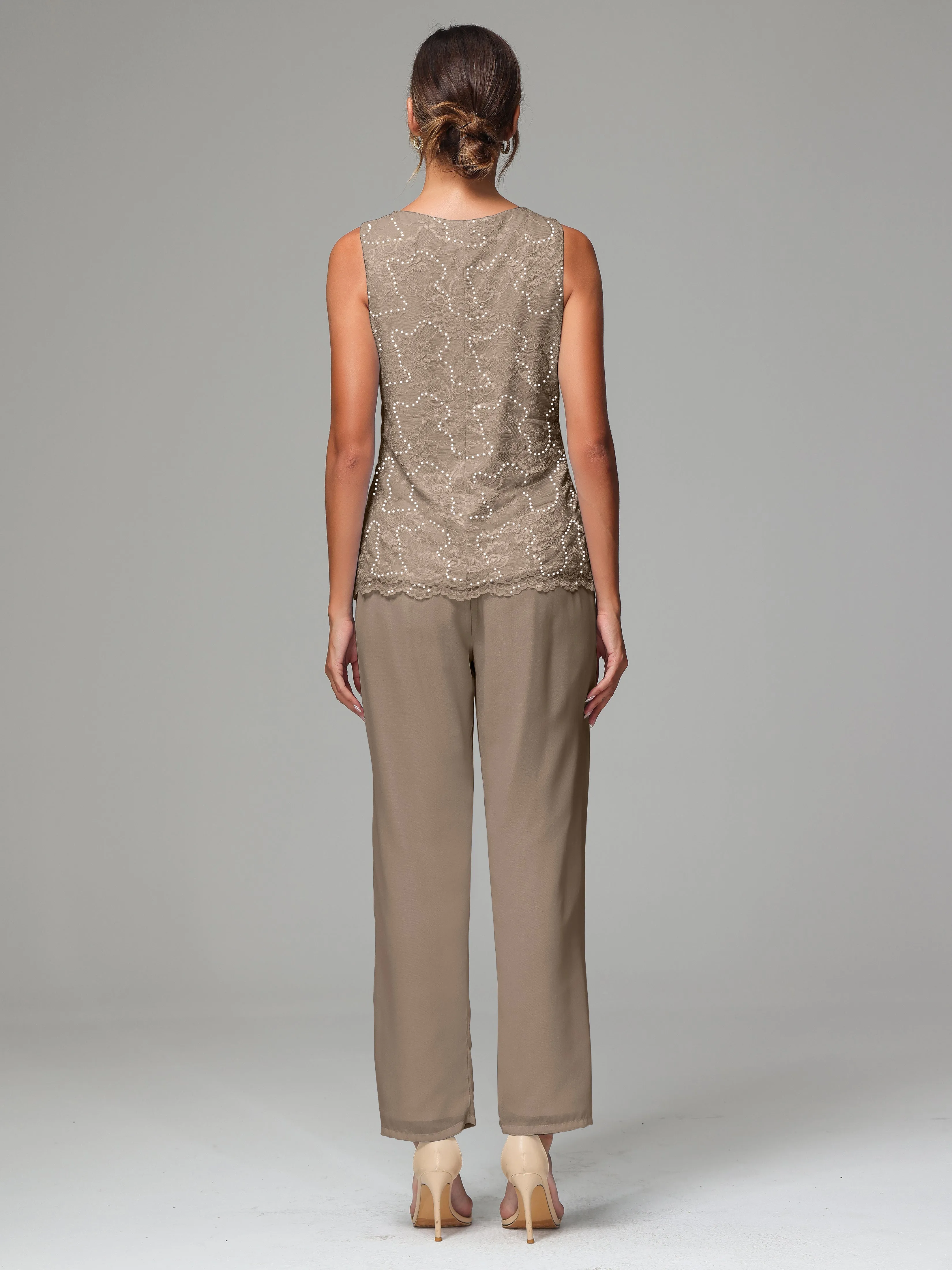 Chiffon Lace Long Sleeves 3 Pieces Mother Of The Bride Dress Pants Suits