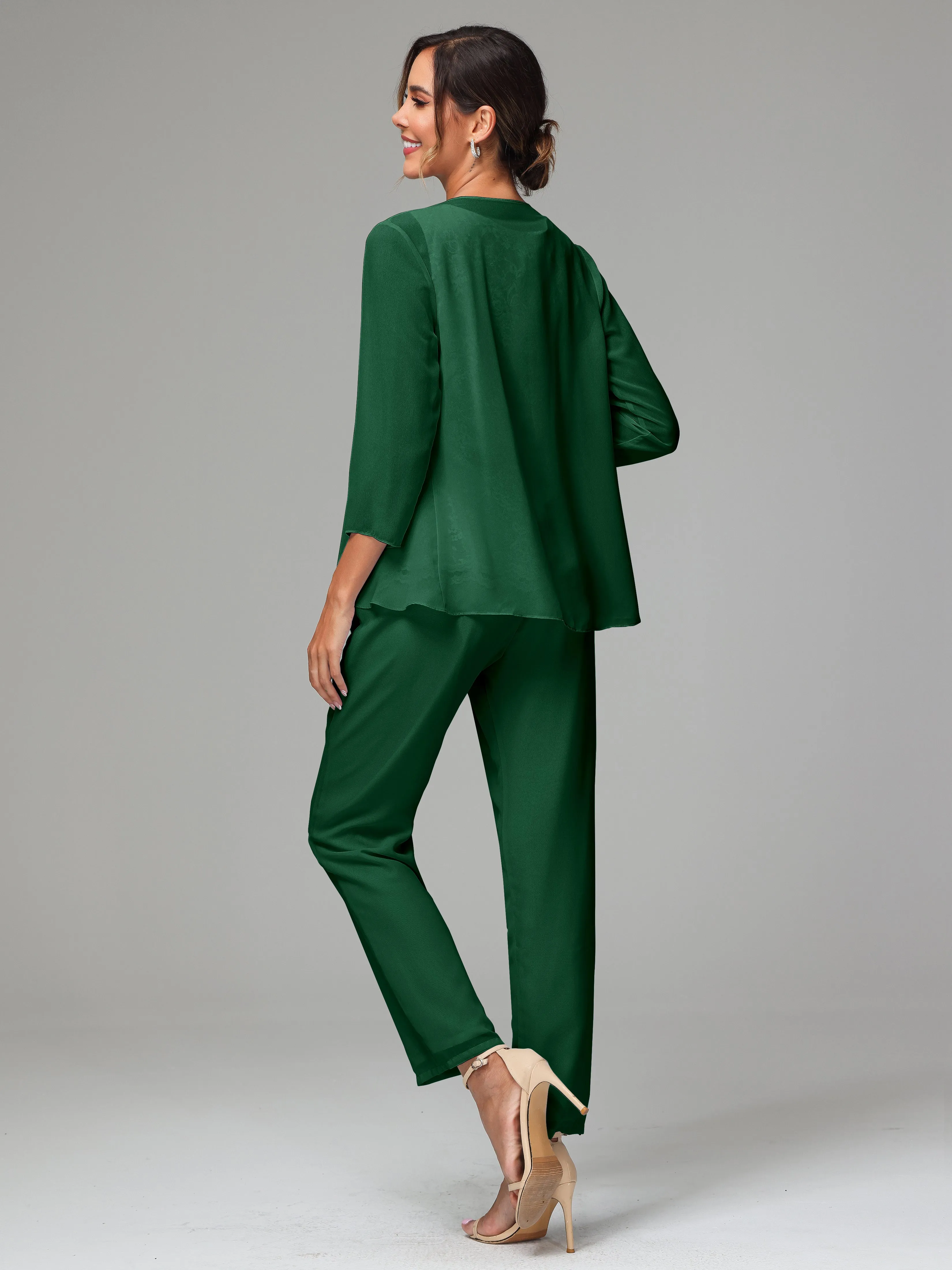 Chiffon Lace Long Sleeves 3 Pieces Mother Of The Bride Dress Pants Suits