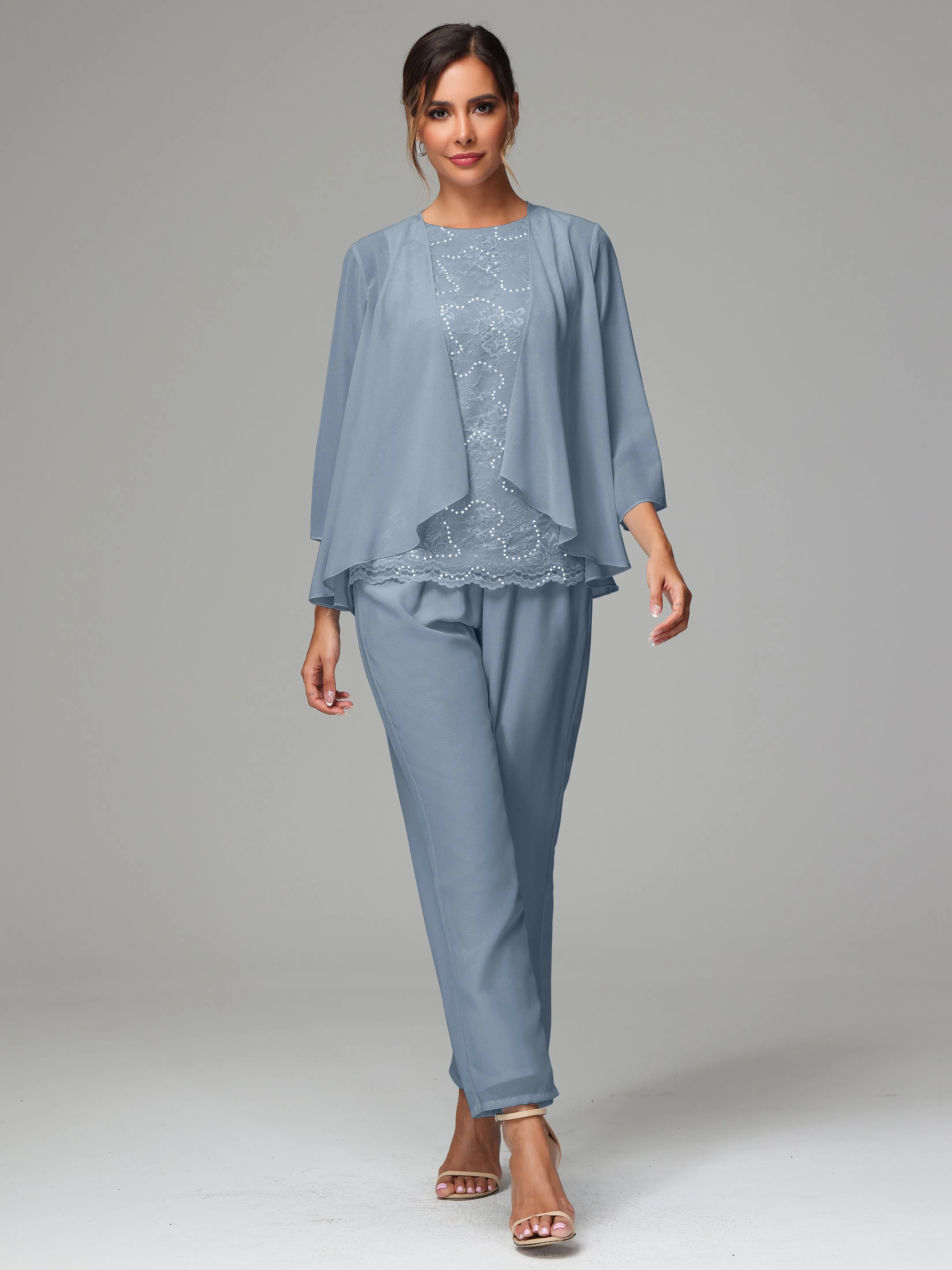 Chiffon Lace Long Sleeves 3 Pieces Mother Of The Bride Dress Pants Suits