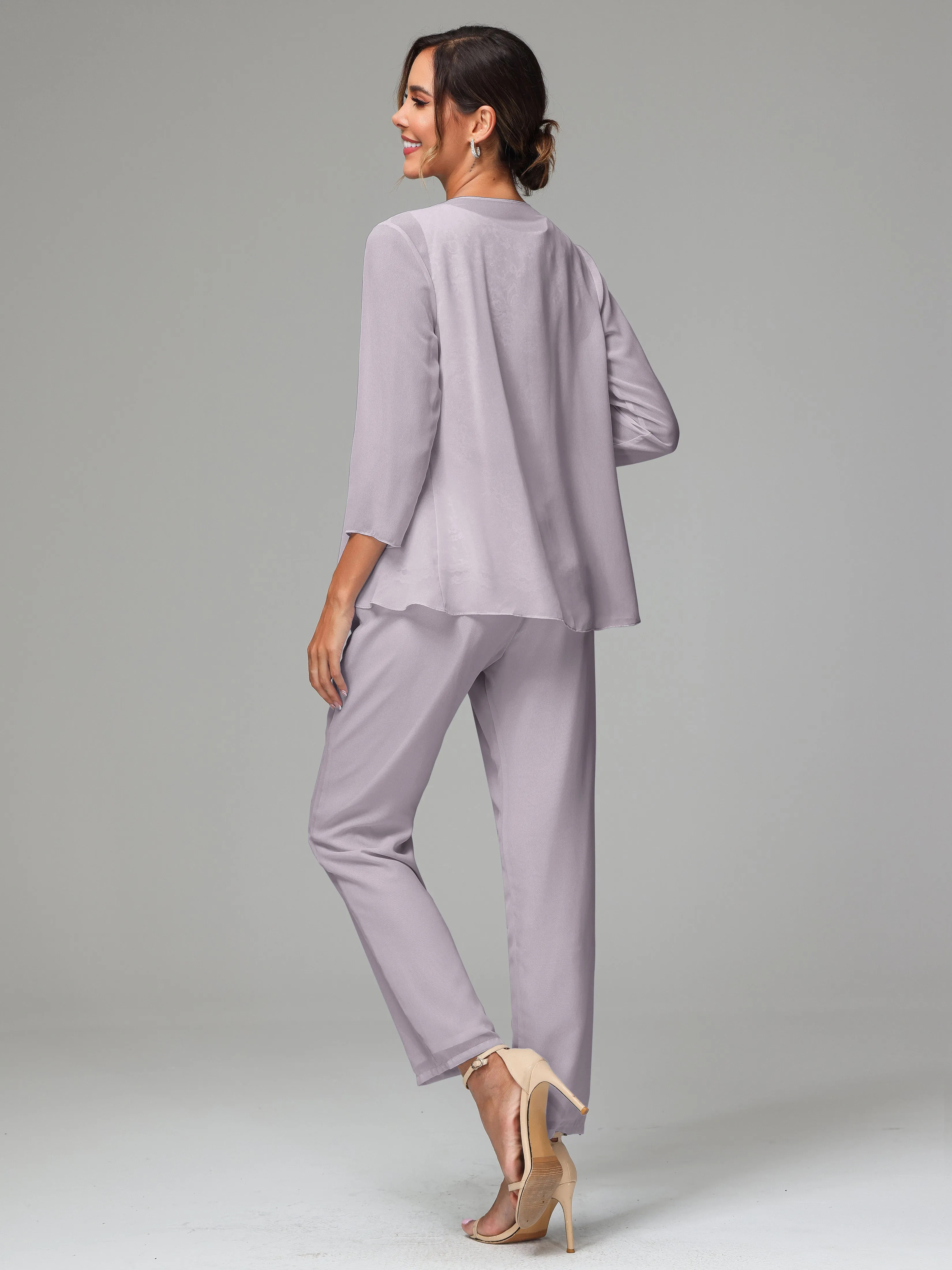 Chiffon Lace Long Sleeves 3 Pieces Mother Of The Bride Dress Pants Suits