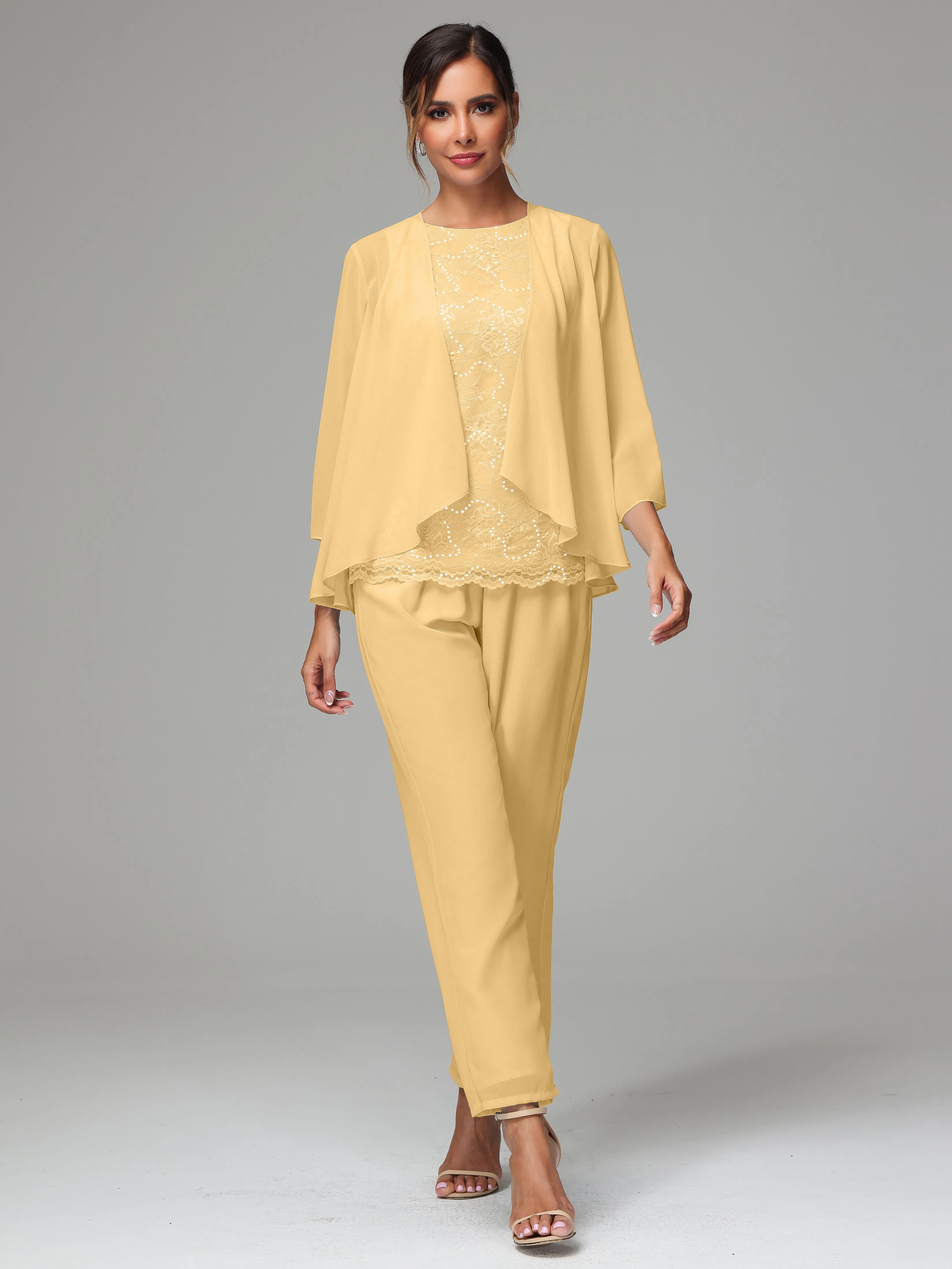 Chiffon Lace Long Sleeves 3 Pieces Mother Of The Bride Dress Pants Suits
