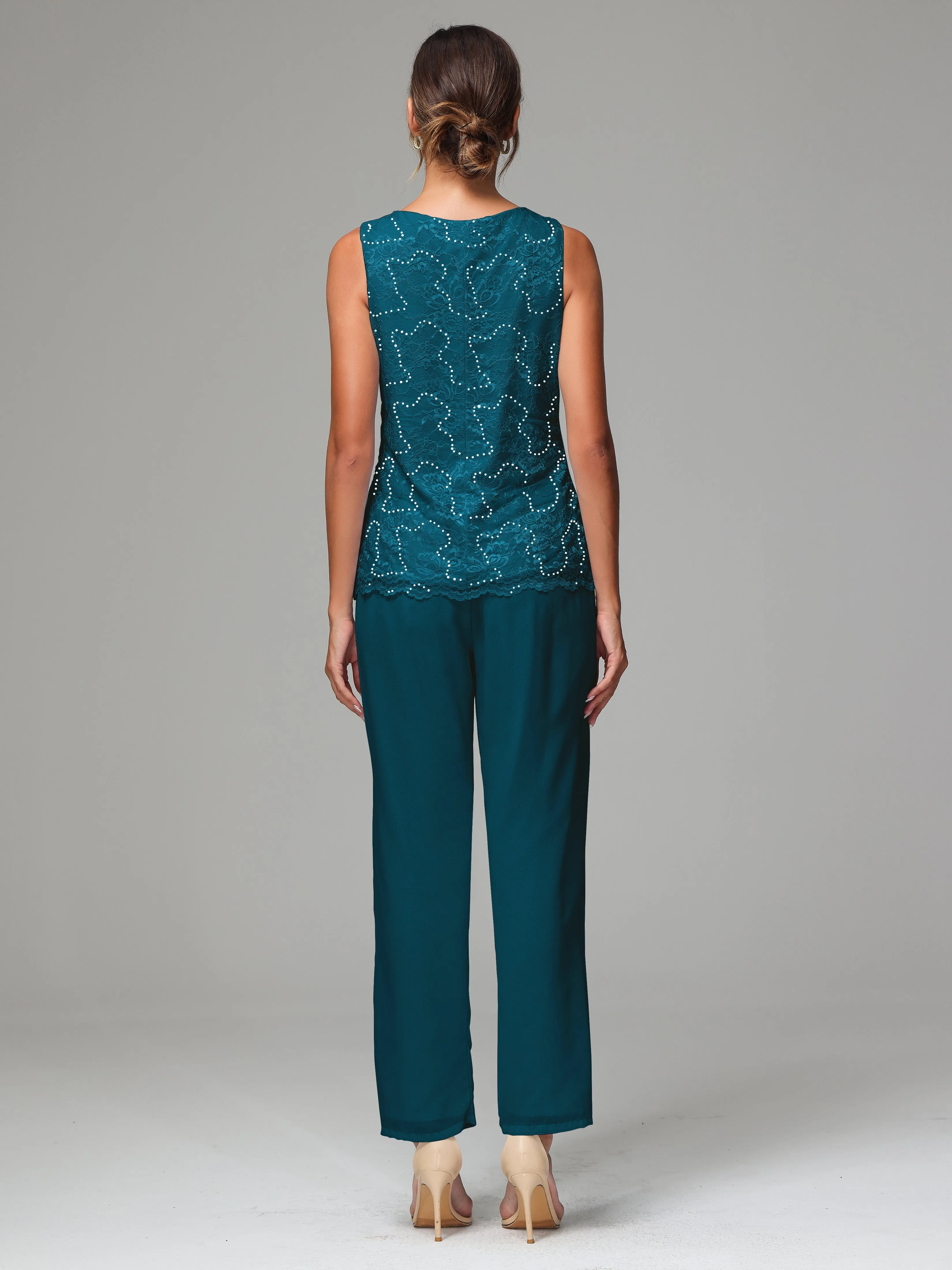 Chiffon Lace Long Sleeves 3 Pieces Mother Of The Bride Dress Pants Suits