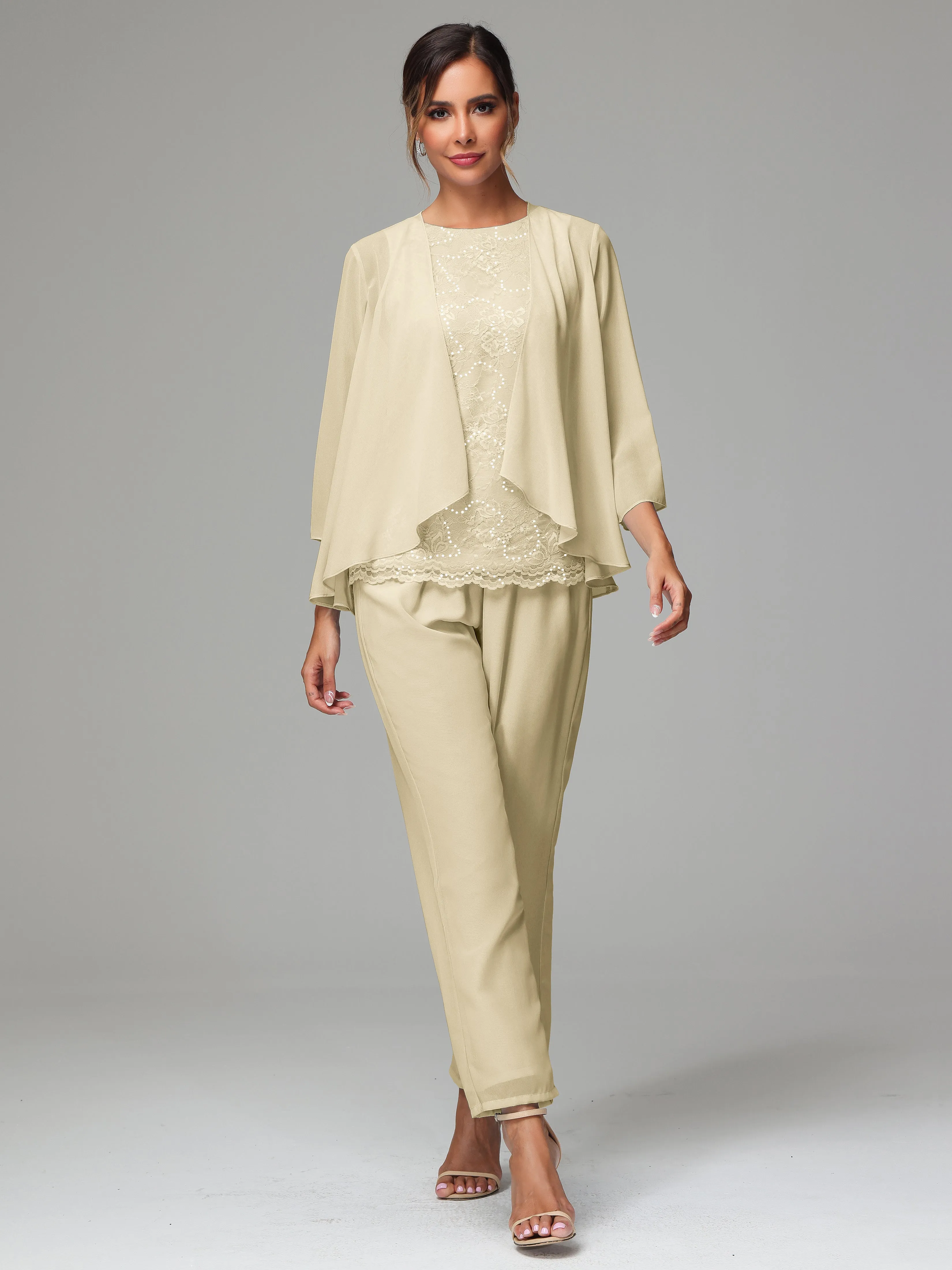 Chiffon Lace Long Sleeves 3 Pieces Mother Of The Bride Dress Pants Suits