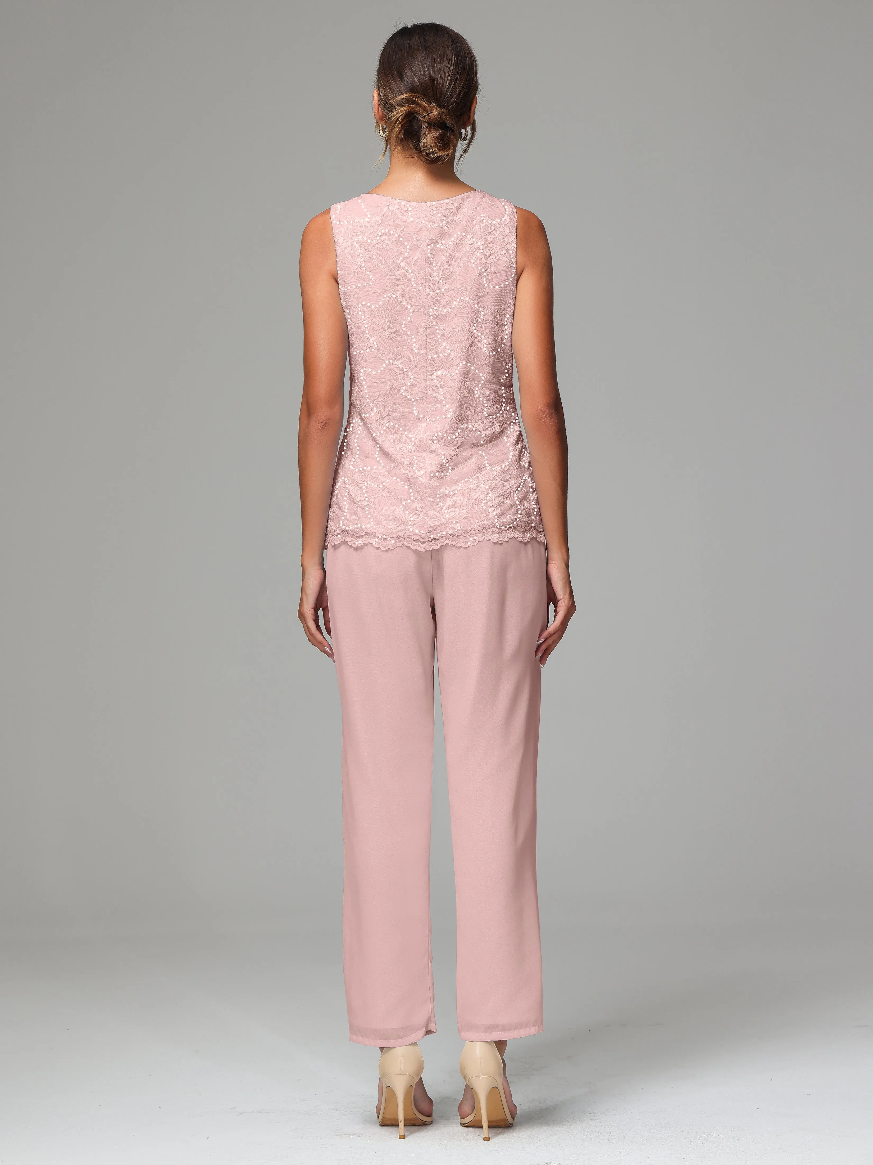 Chiffon Lace Long Sleeves 3 Pieces Mother Of The Bride Dress Pants Suits