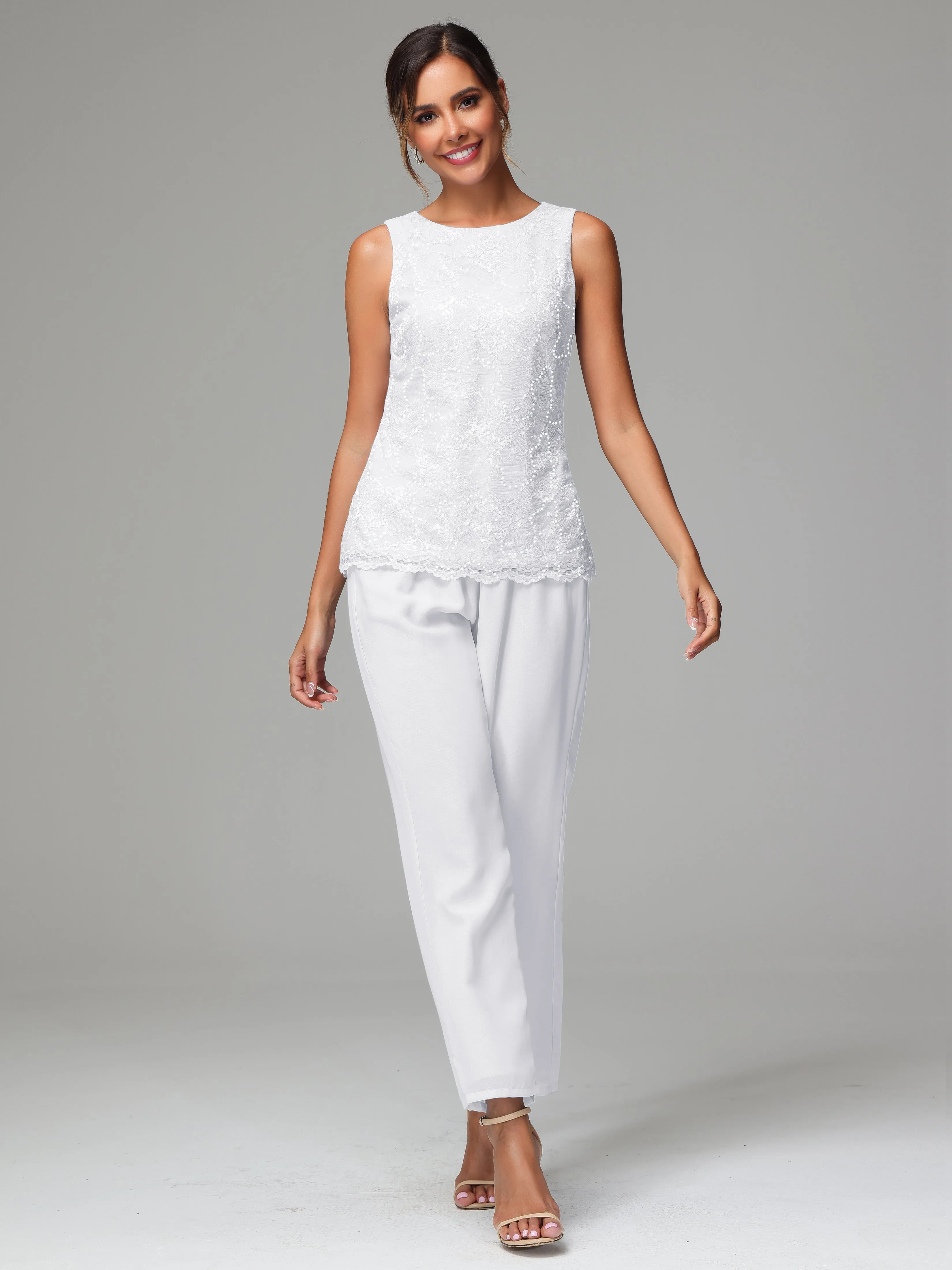Chiffon Lace Long Sleeves 3 Pieces Mother Of The Bride Dress Pants Suits