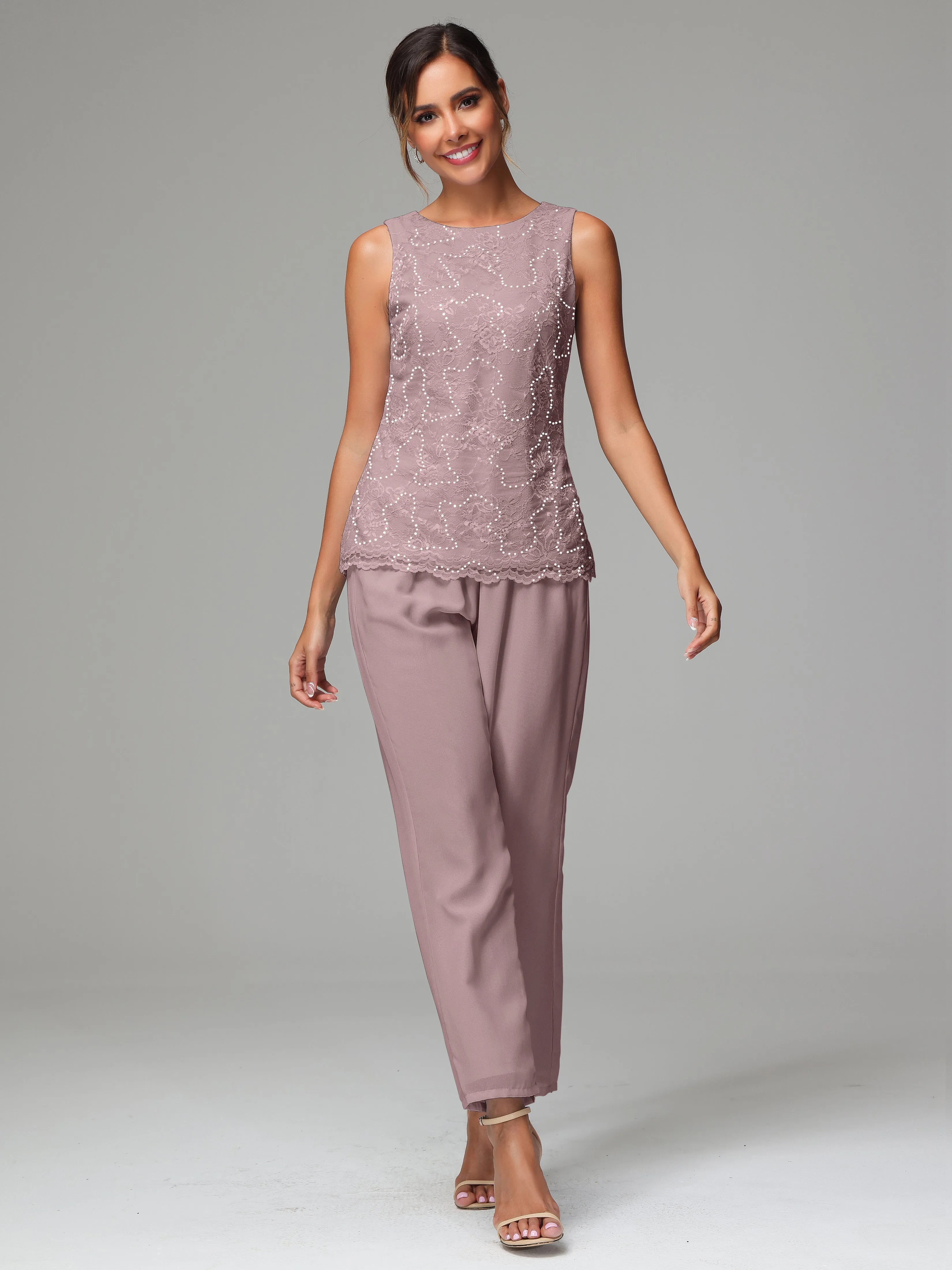 Chiffon Lace Long Sleeves 3 Pieces Mother Of The Bride Dress Pants Suits