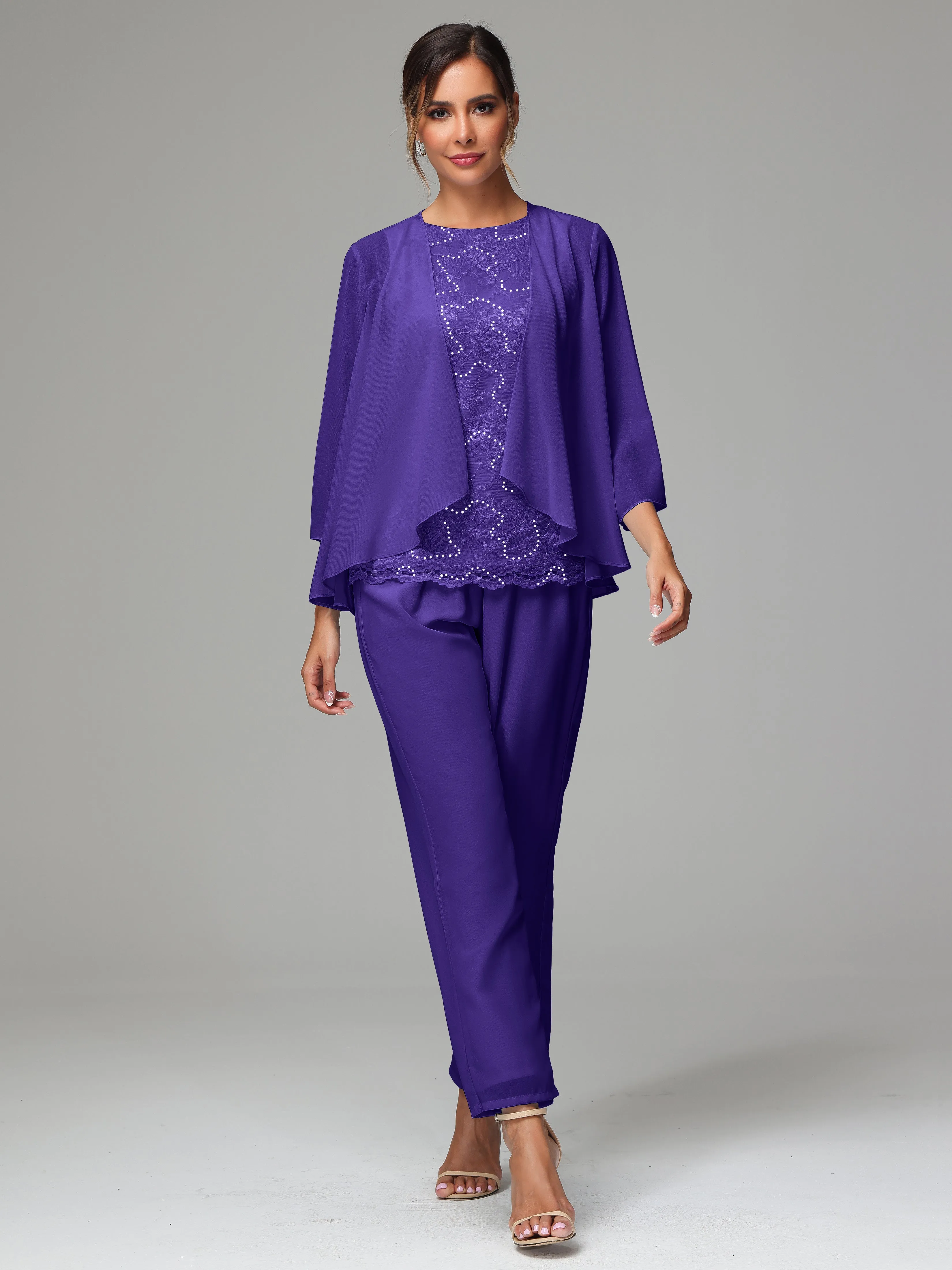Chiffon Lace Long Sleeves 3 Pieces Mother Of The Bride Dress Pants Suits