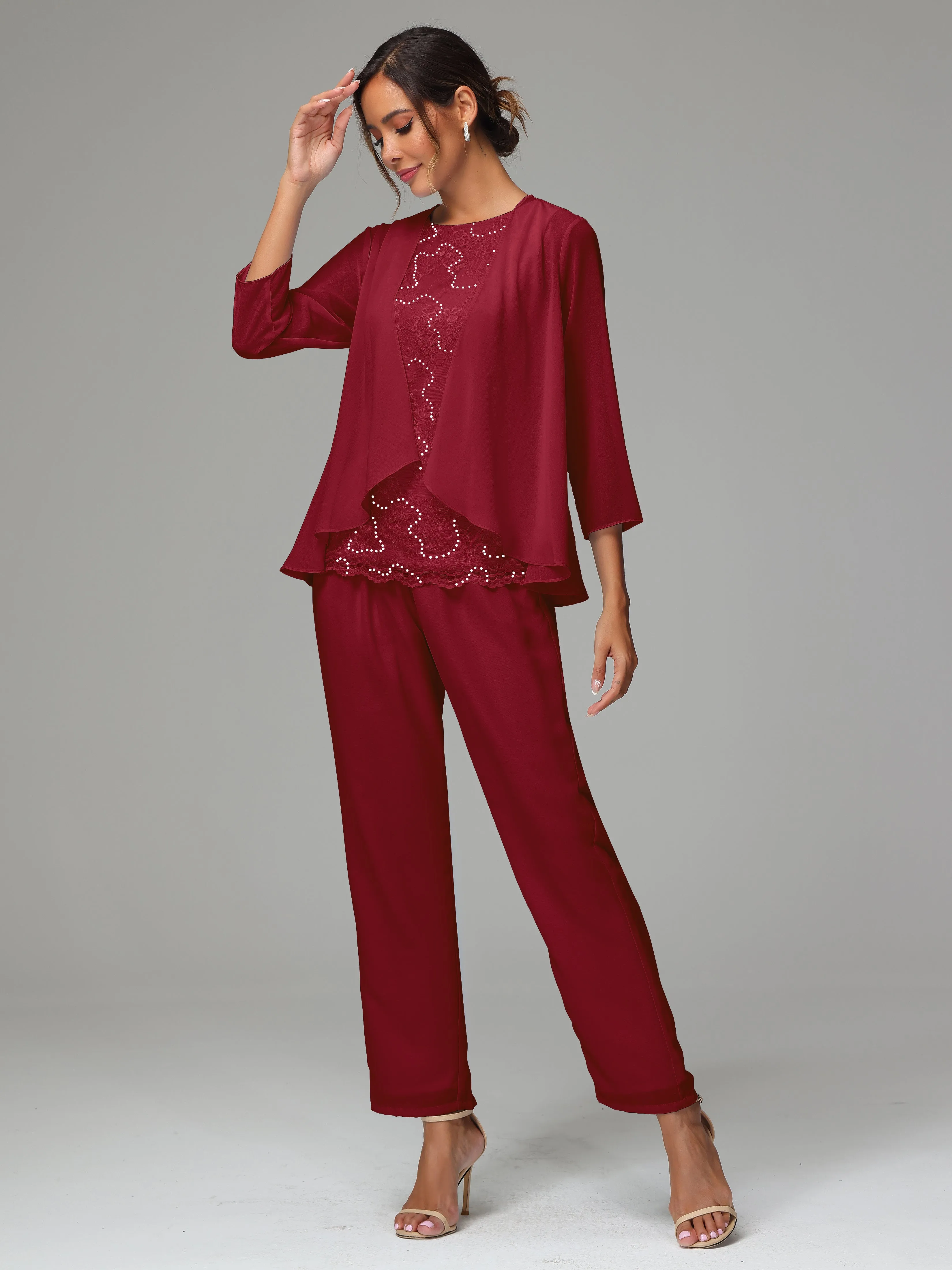 Chiffon Lace Long Sleeves 3 Pieces Mother Of The Bride Dress Pants Suits
