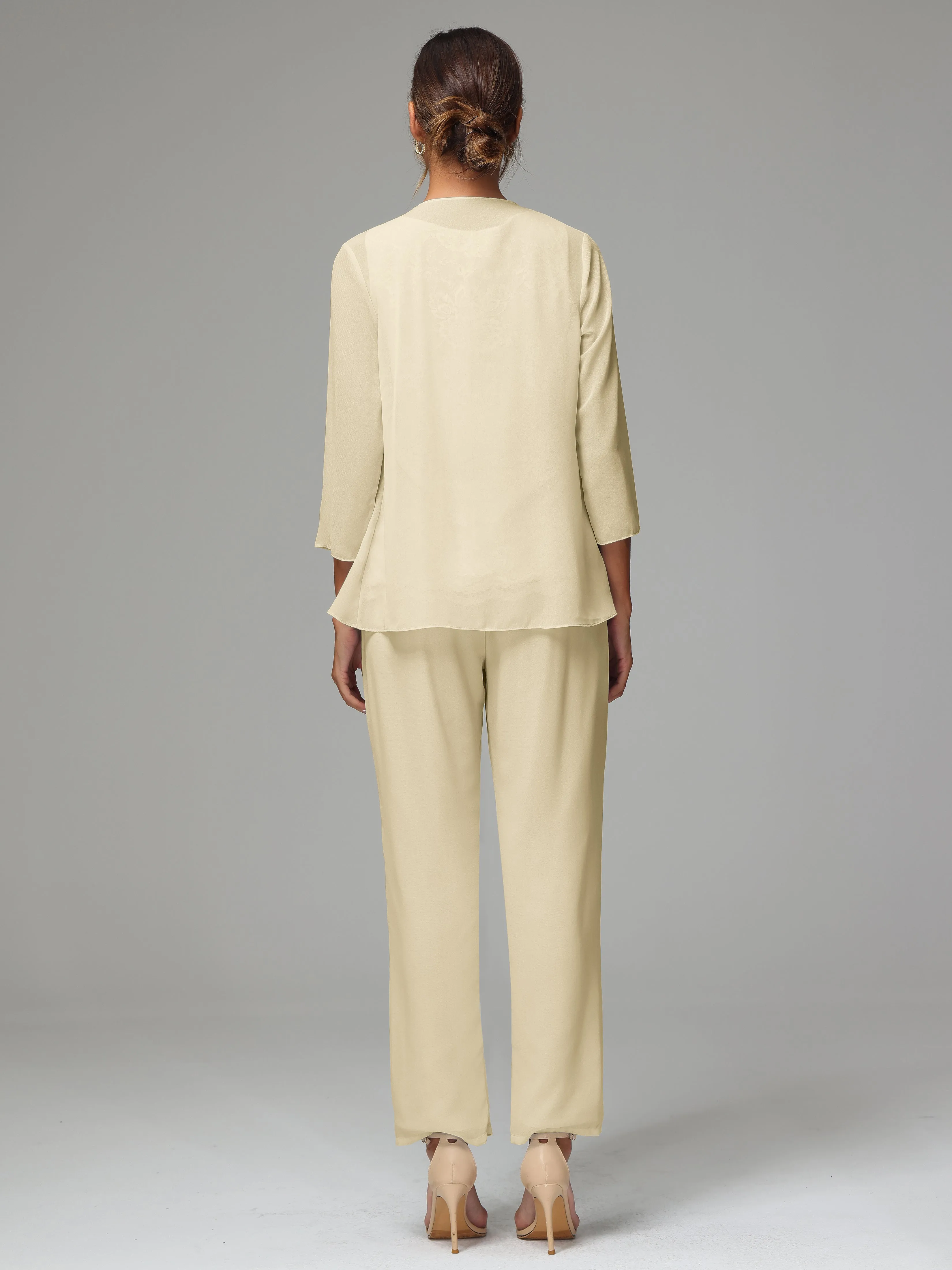 Chiffon Lace Long Sleeves 3 Pieces Mother Of The Bride Dress Pants Suits