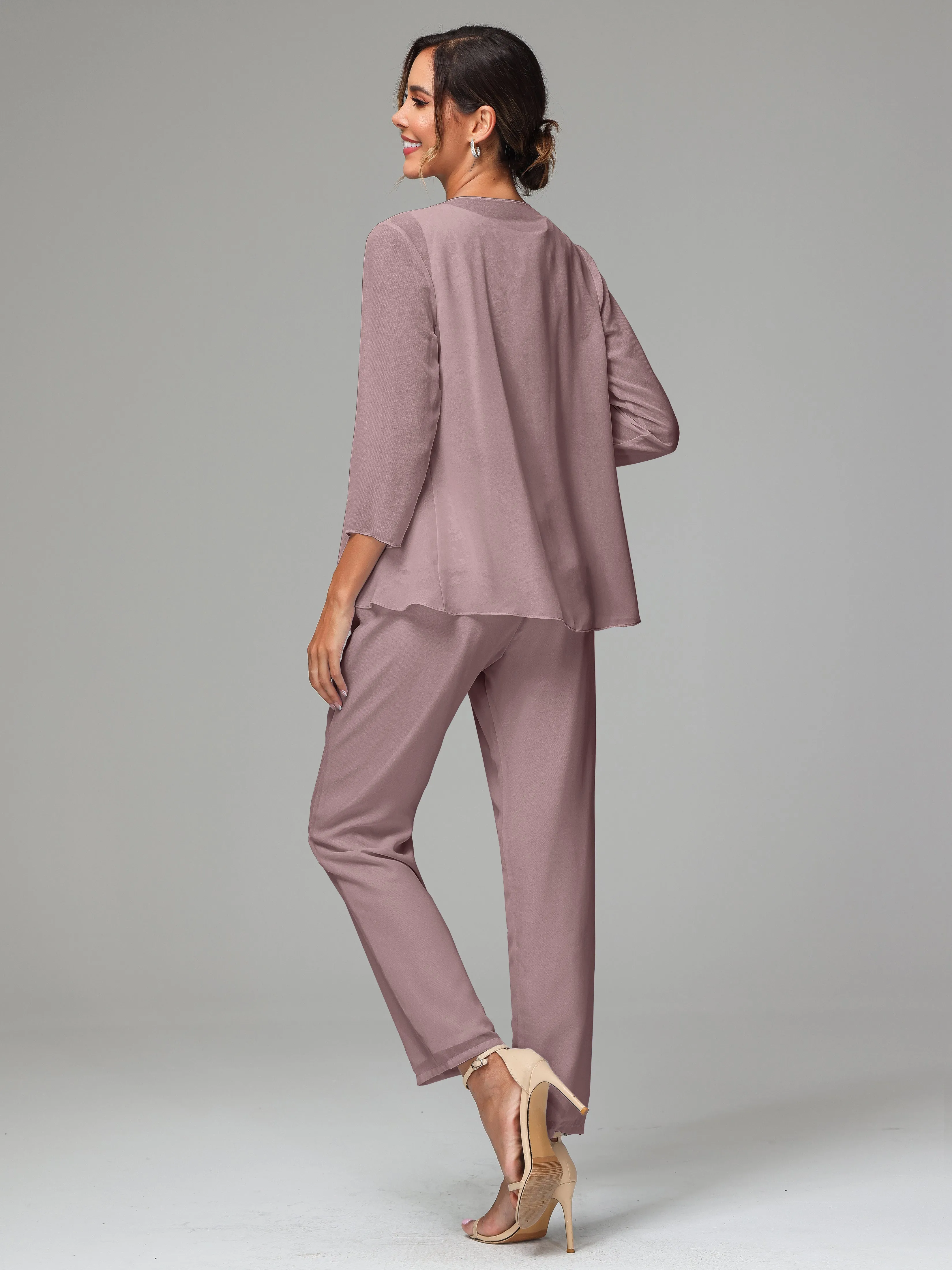 Chiffon Lace Long Sleeves 3 Pieces Mother Of The Bride Dress Pants Suits