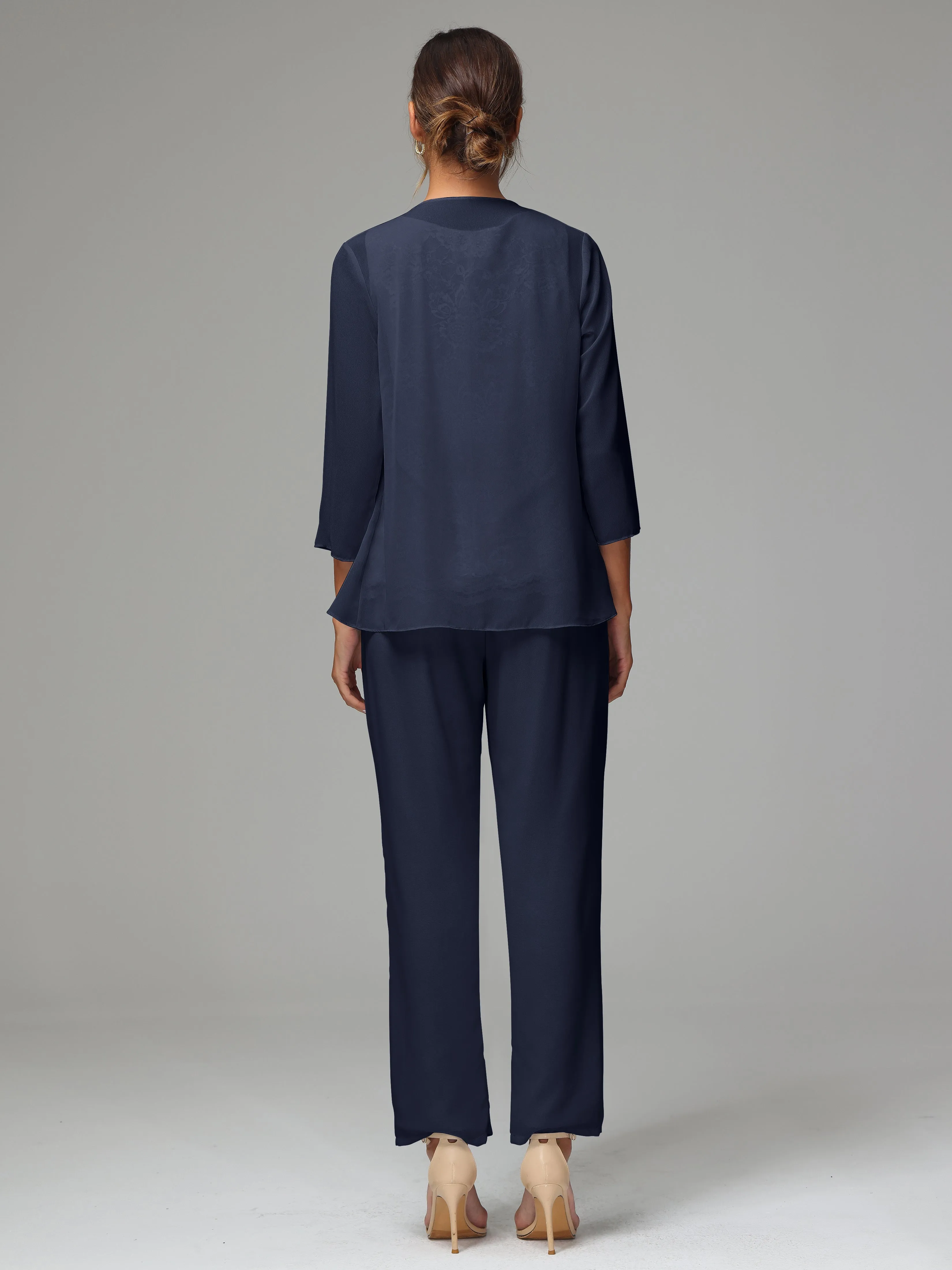 Chiffon Lace Long Sleeves 3 Pieces Mother Of The Bride Dress Pants Suits