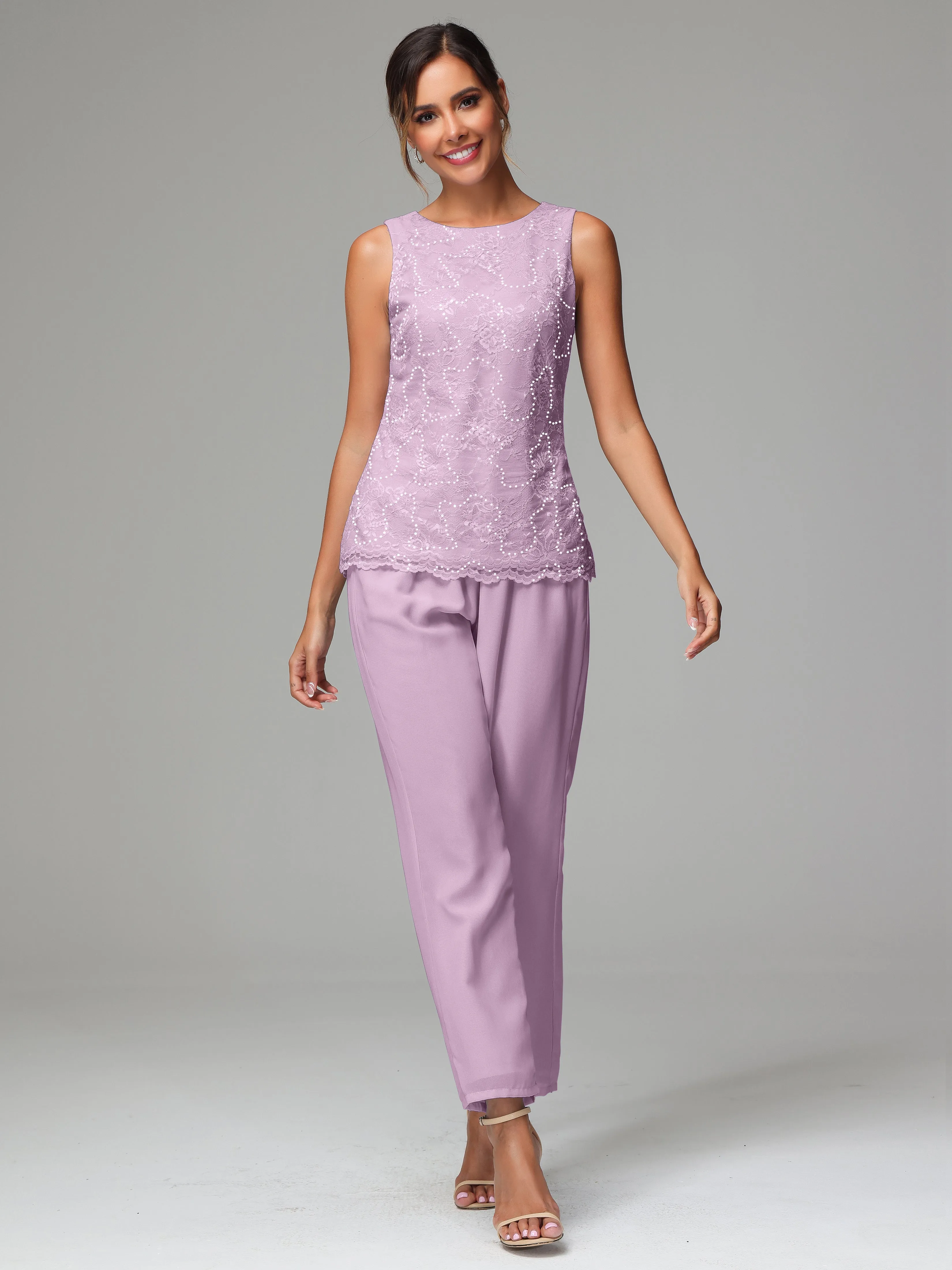 Chiffon Lace Long Sleeves 3 Pieces Mother Of The Bride Dress Pants Suits