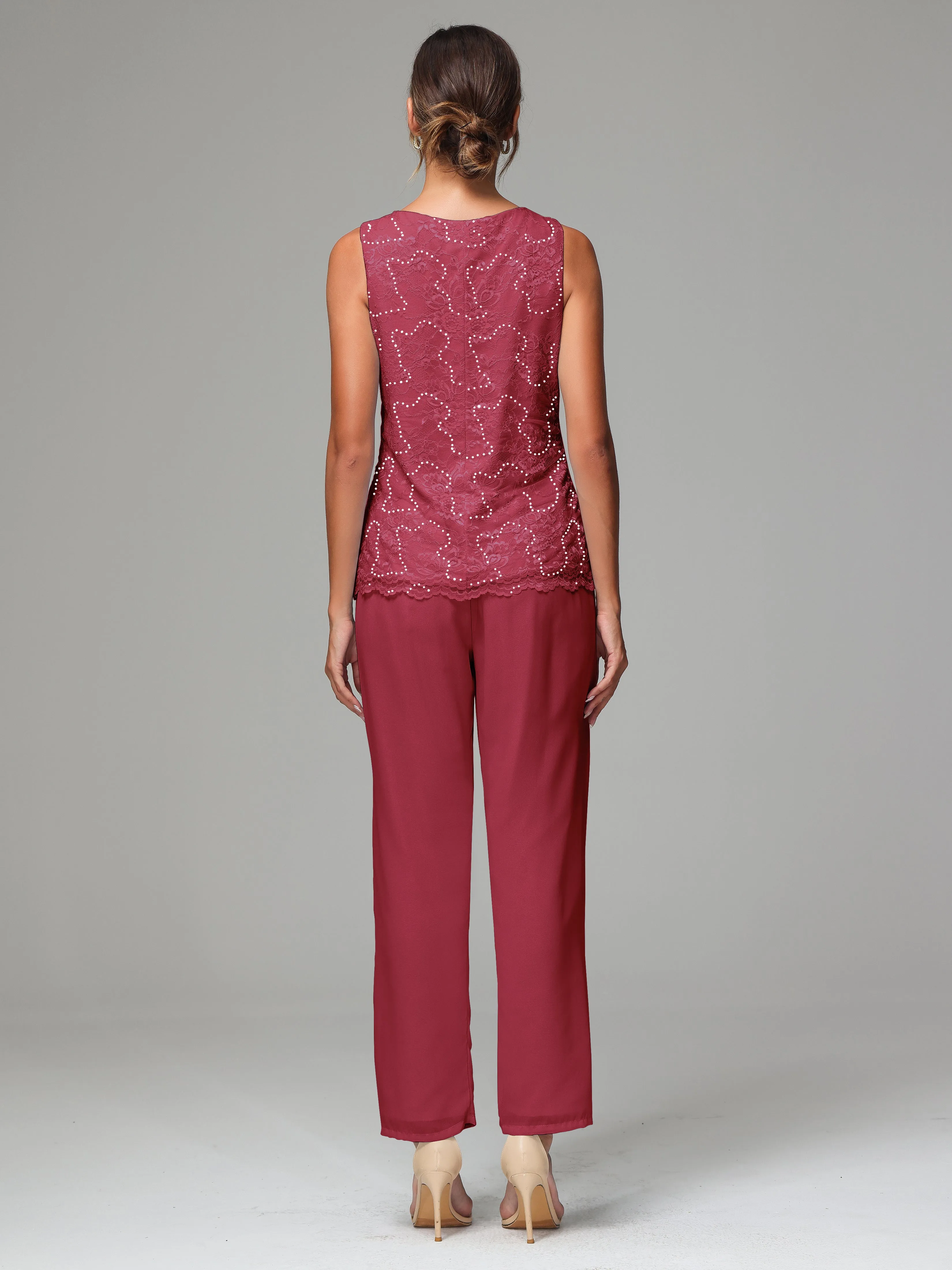Chiffon Lace Long Sleeves 3 Pieces Mother Of The Bride Dress Pants Suits