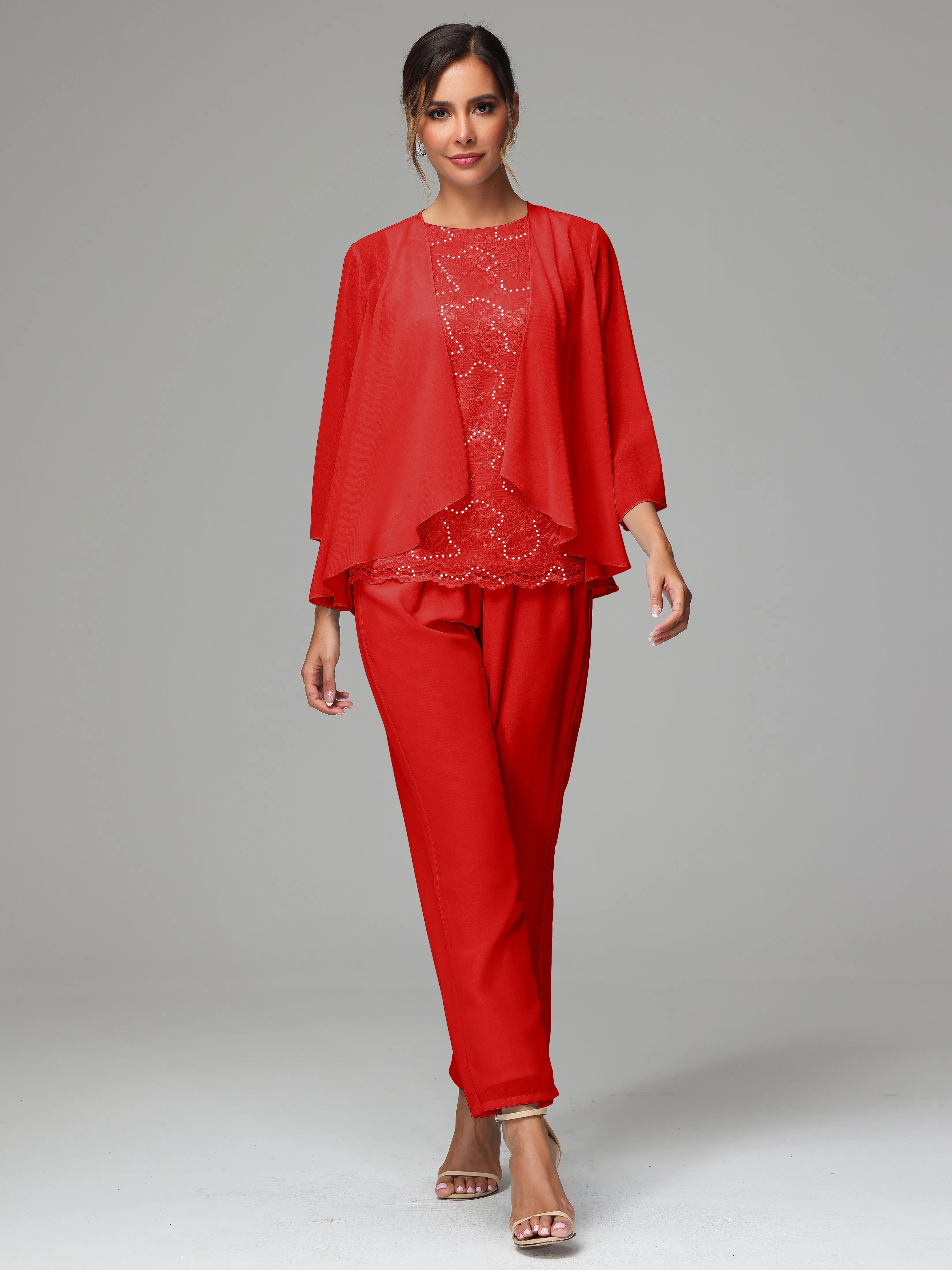 Chiffon Lace Long Sleeves 3 Pieces Mother Of The Bride Dress Pants Suits