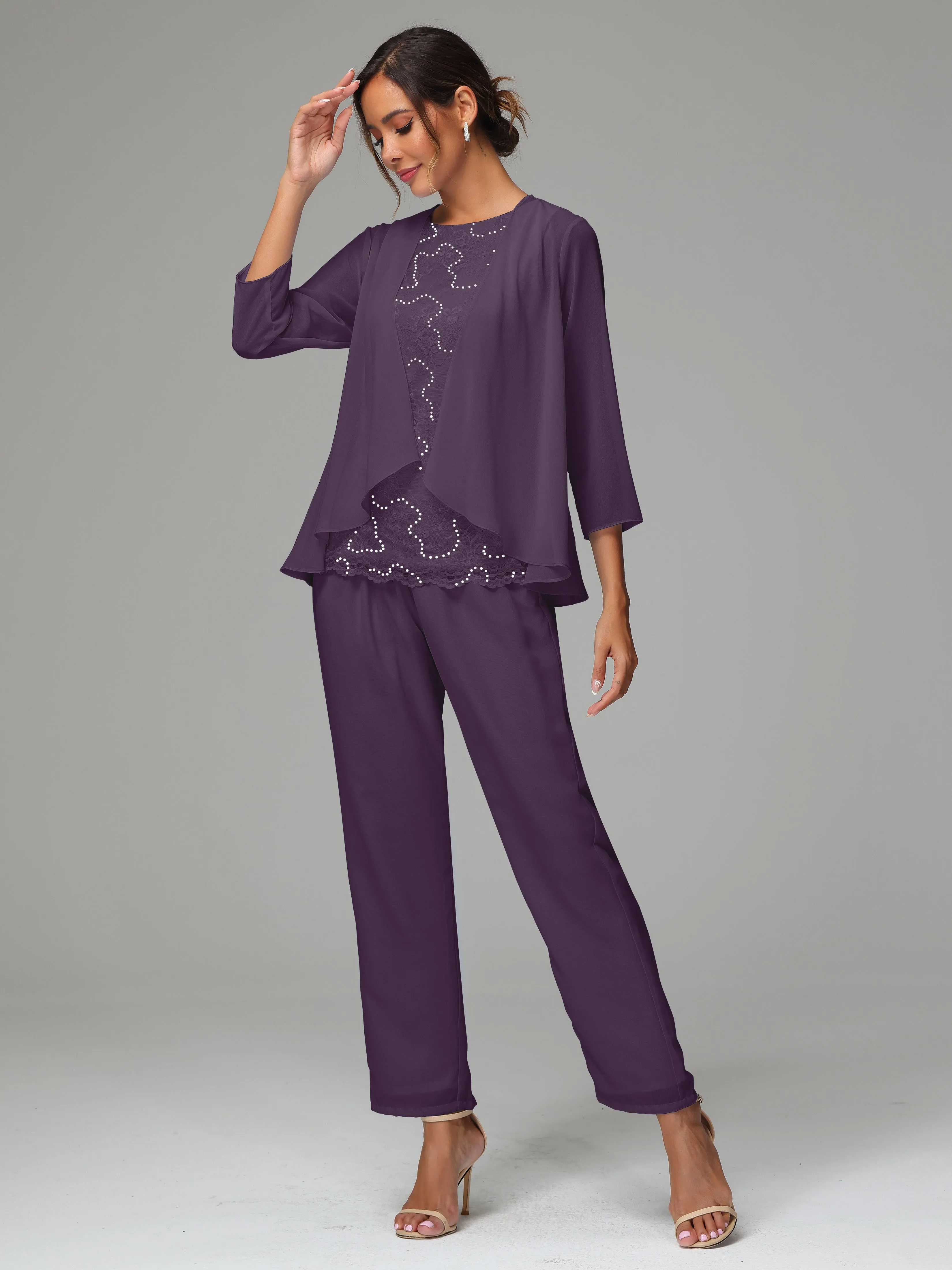 Chiffon Lace Long Sleeves 3 Pieces Mother Of The Bride Dress Pants Suits