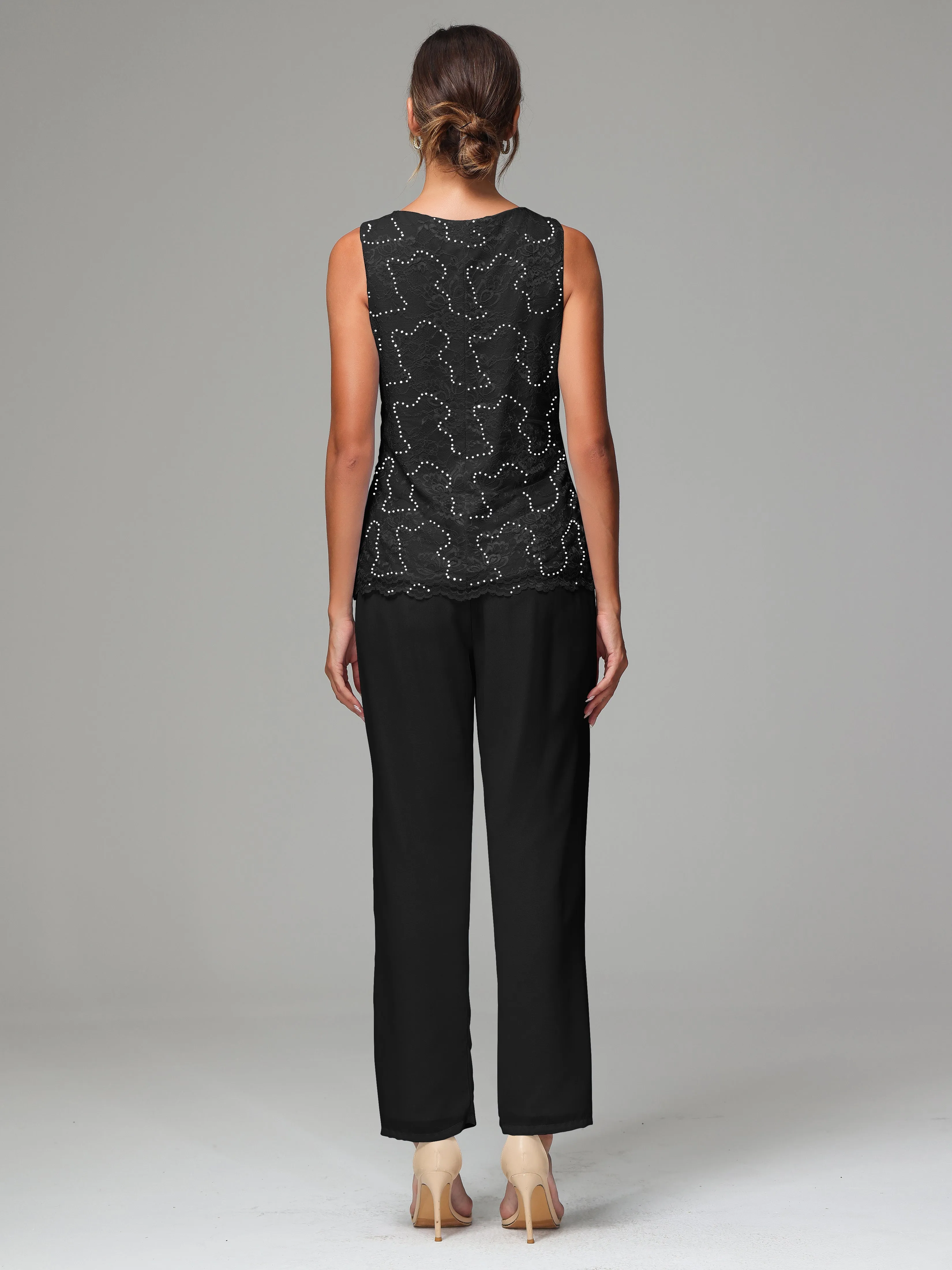 Chiffon Lace Long Sleeves 3 Pieces Mother Of The Bride Dress Pants Suits