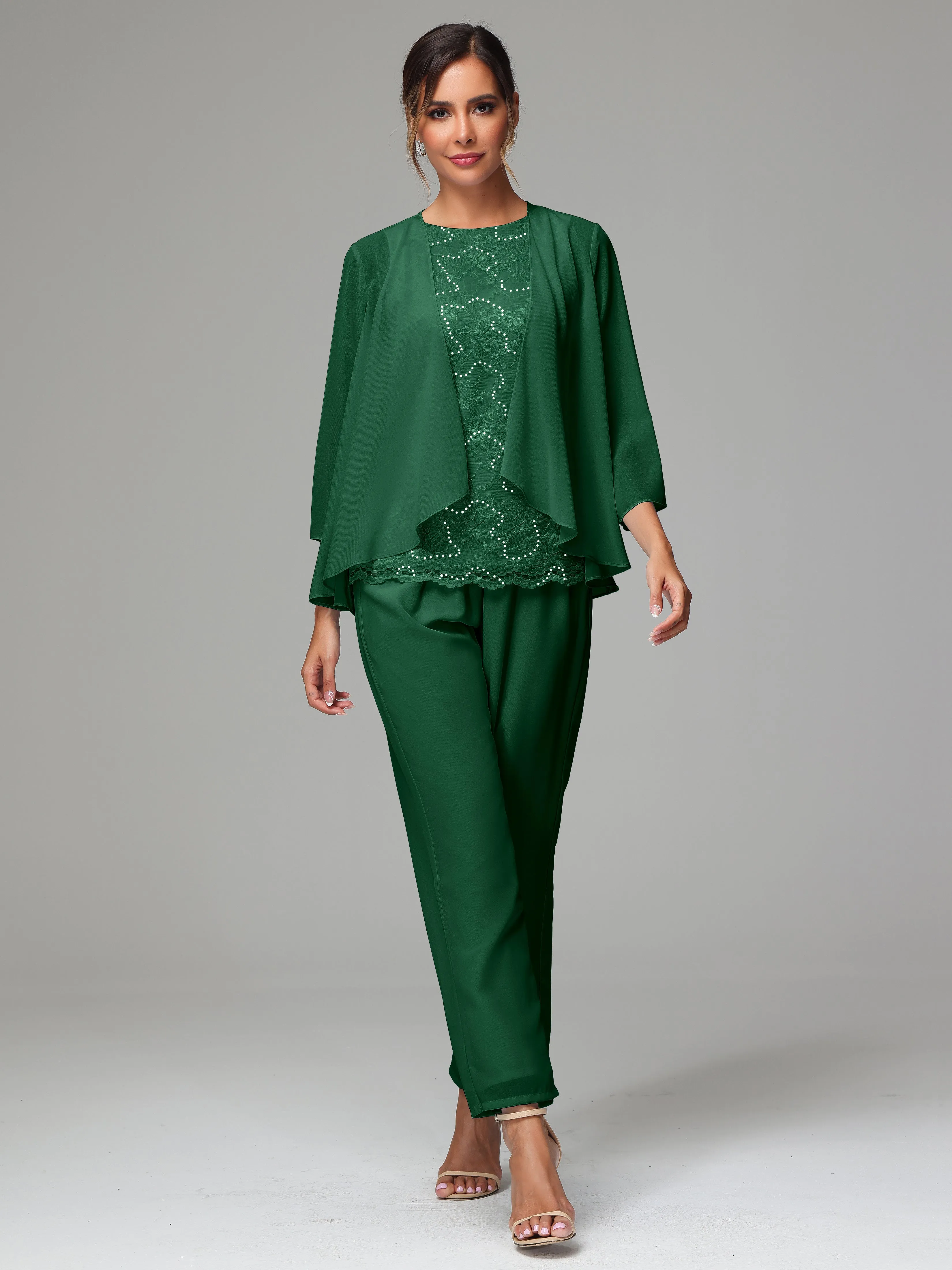 Chiffon Lace Long Sleeves 3 Pieces Mother Of The Bride Dress Pants Suits
