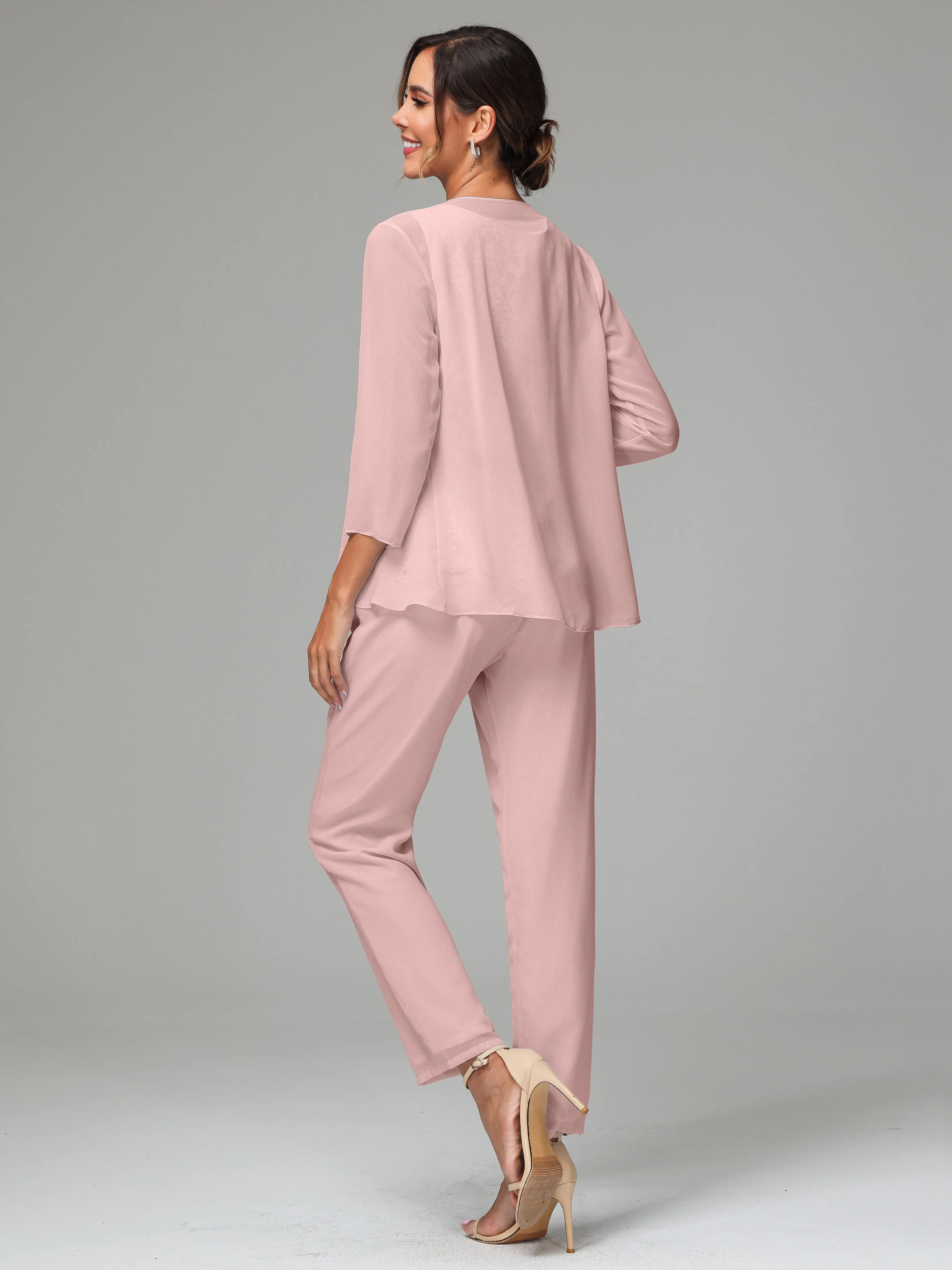 Chiffon Lace Long Sleeves 3 Pieces Mother Of The Bride Dress Pants Suits