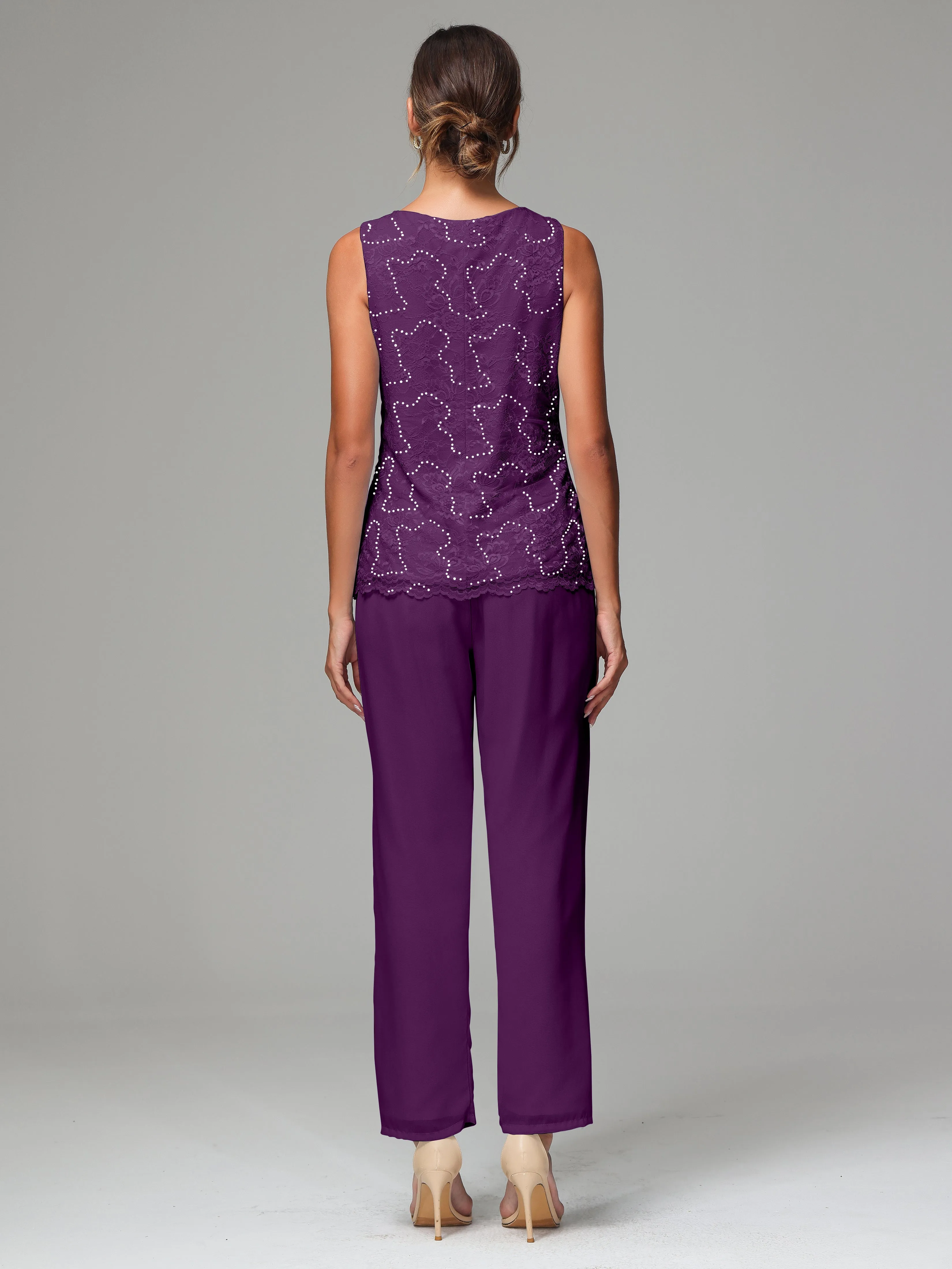 Chiffon Lace Long Sleeves 3 Pieces Mother Of The Bride Dress Pants Suits