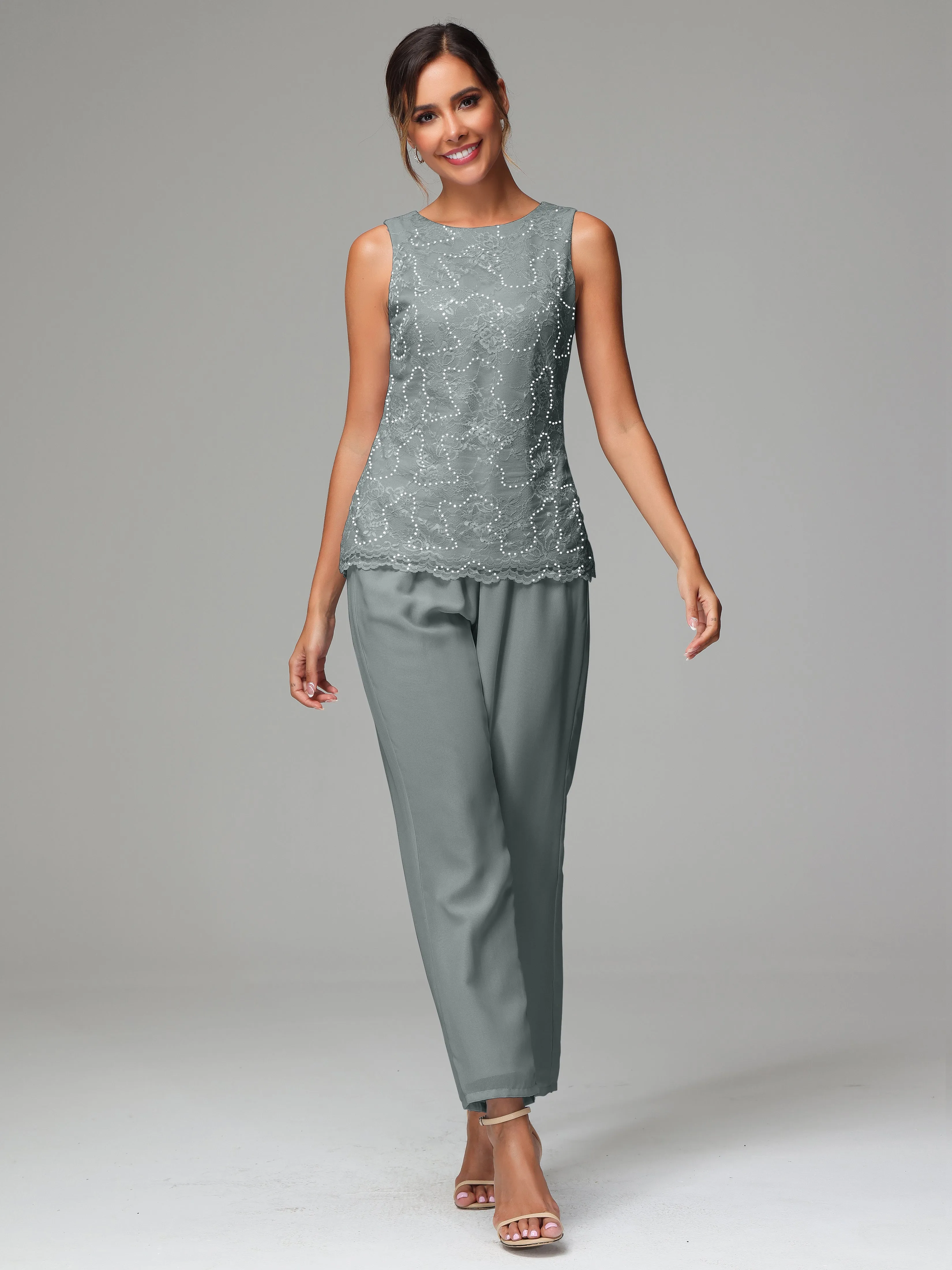Chiffon Lace Long Sleeves 3 Pieces Mother Of The Bride Dress Pants Suits