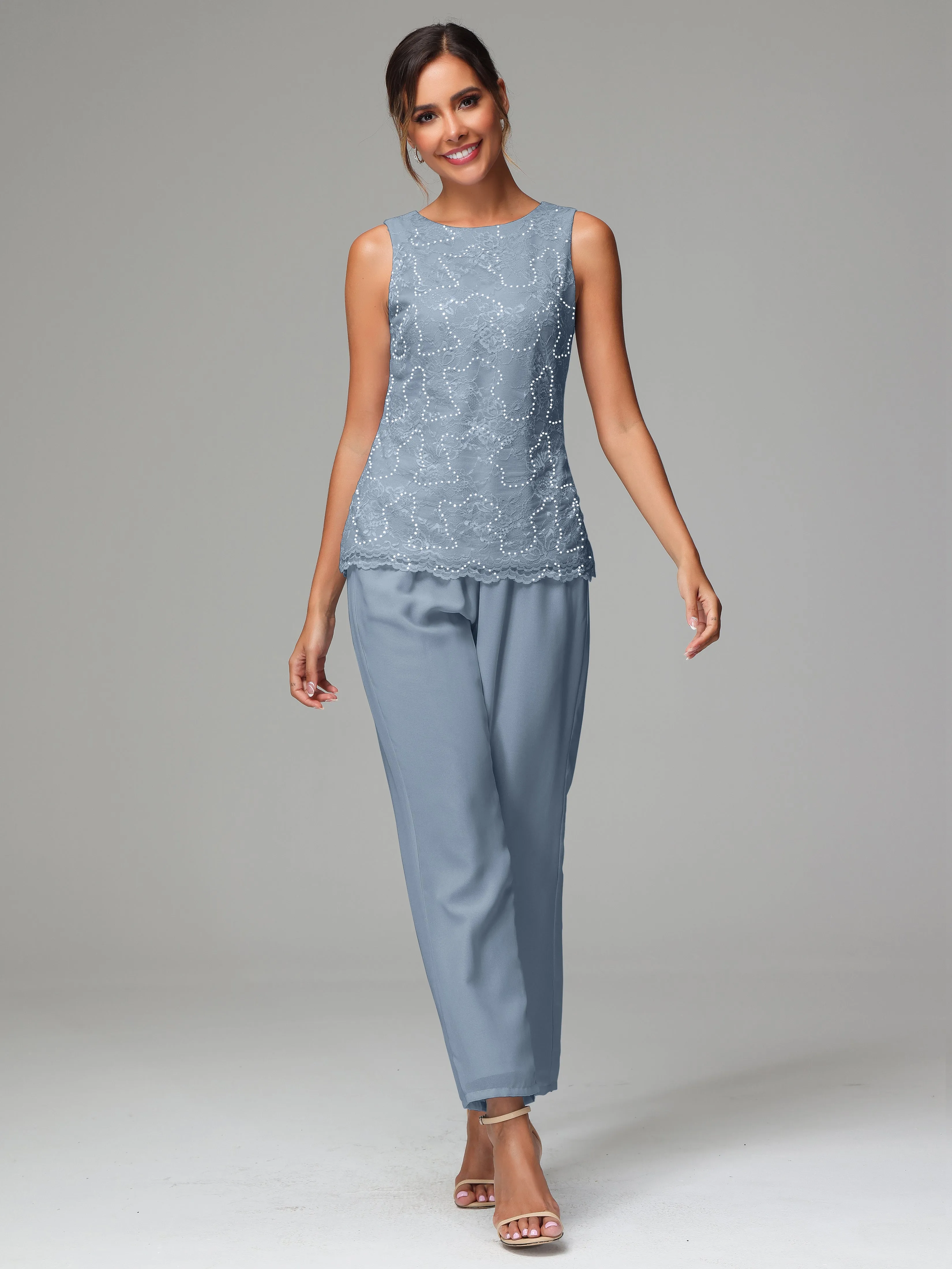 Chiffon Lace Long Sleeves 3 Pieces Mother Of The Bride Dress Pants Suits