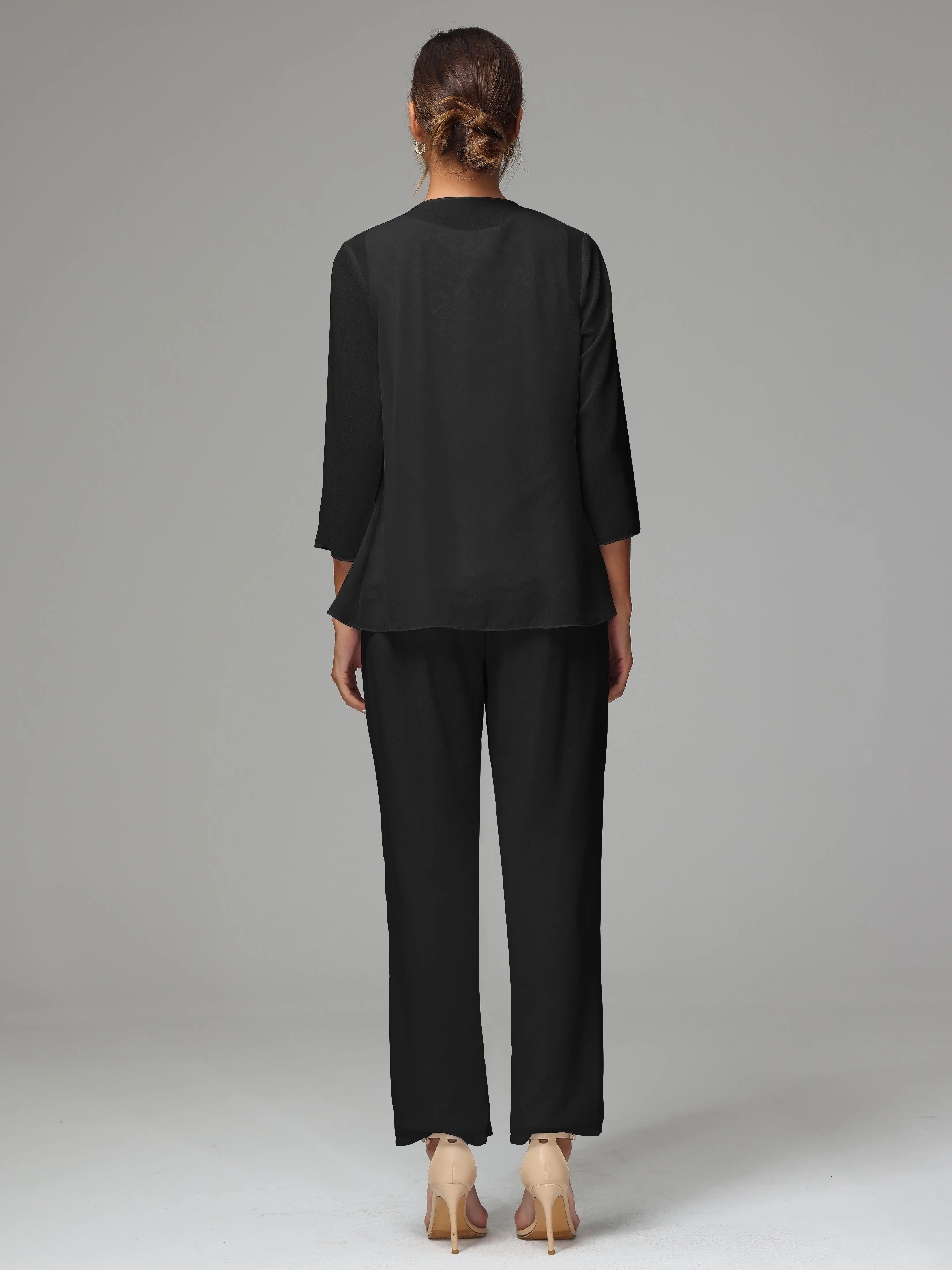 Chiffon Lace Long Sleeves 3 Pieces Mother Of The Bride Dress Pants Suits