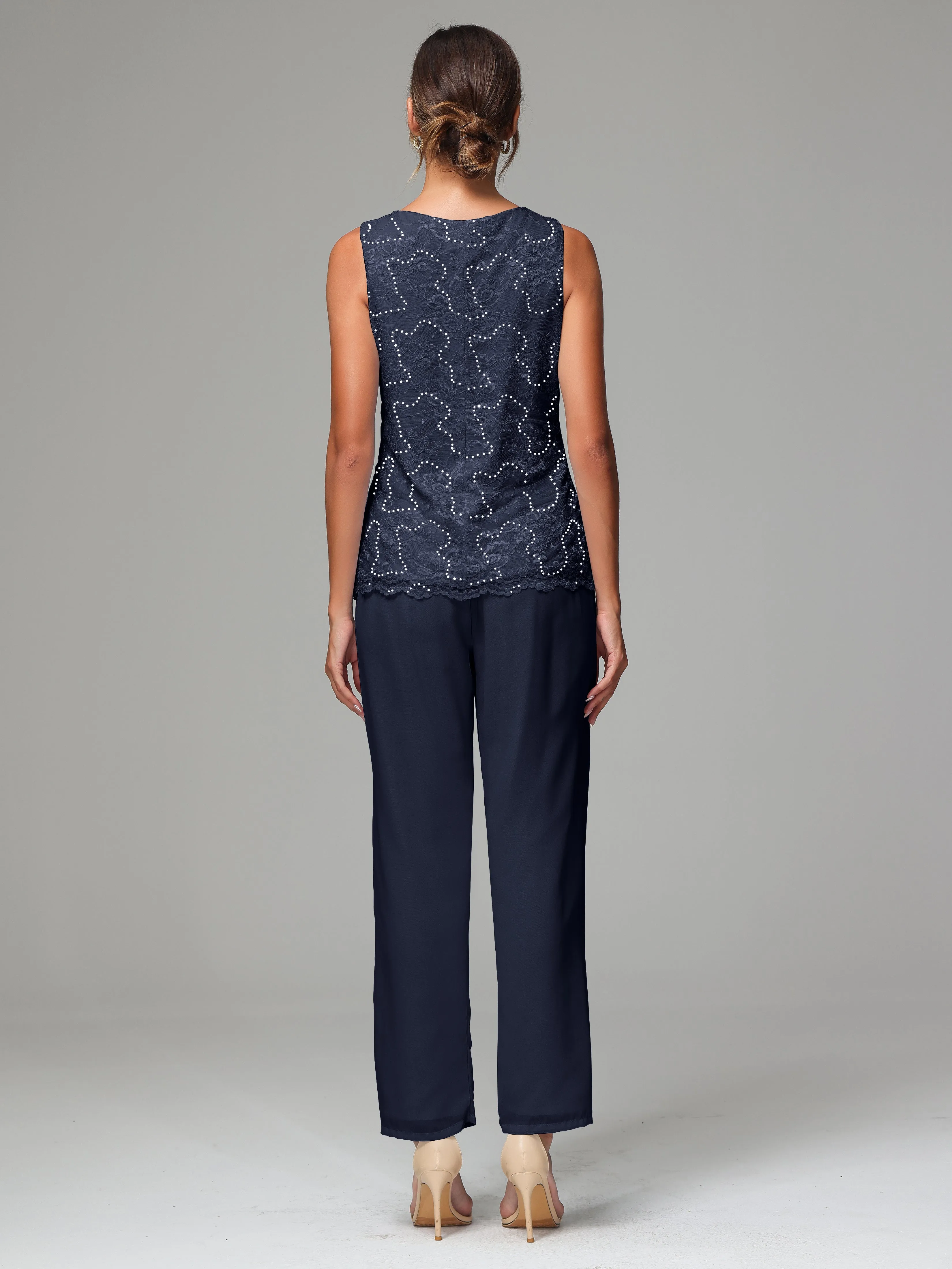 Chiffon Lace Long Sleeves 3 Pieces Mother Of The Bride Dress Pants Suits
