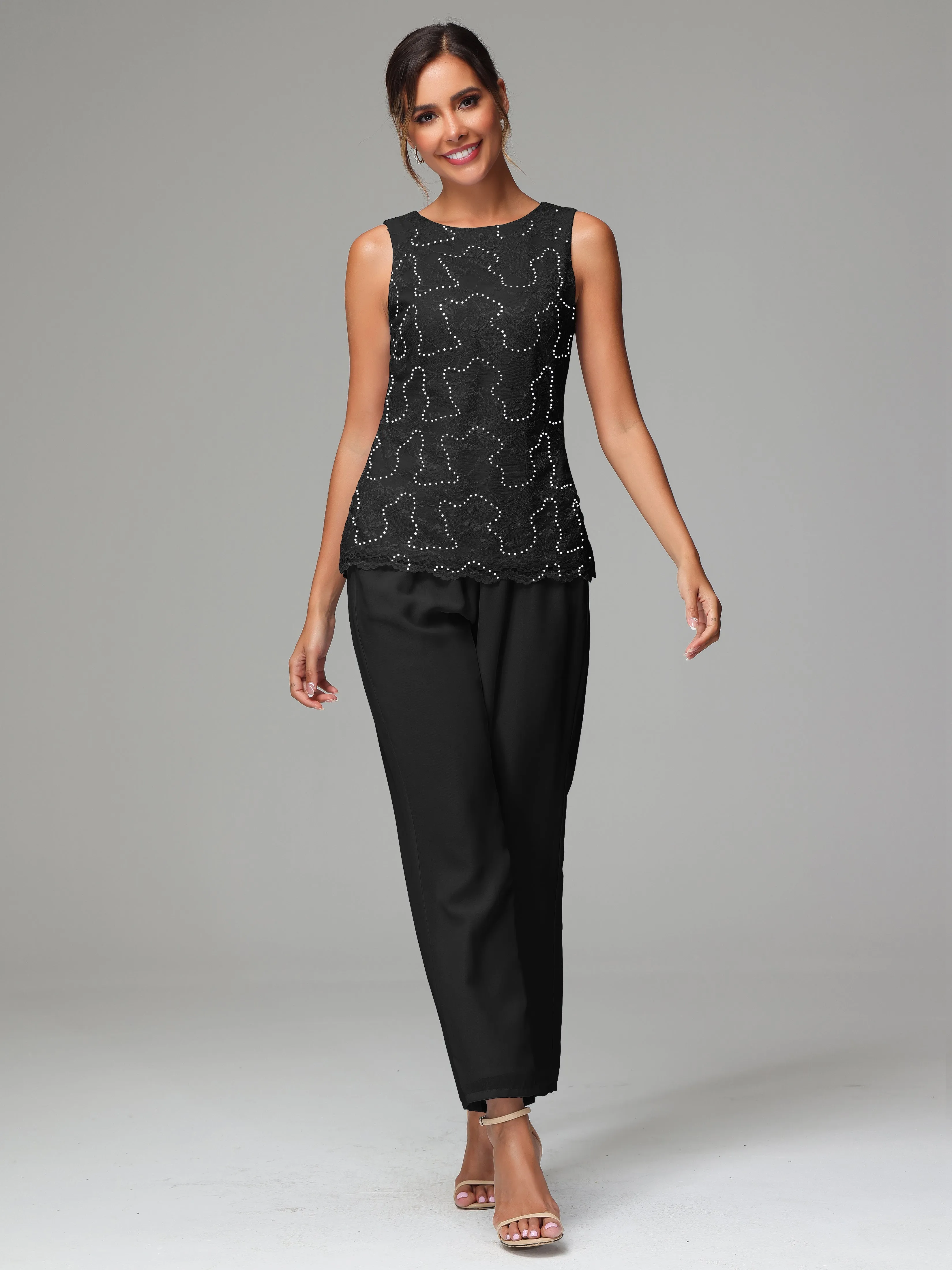 Chiffon Lace Long Sleeves 3 Pieces Mother Of The Bride Dress Pants Suits