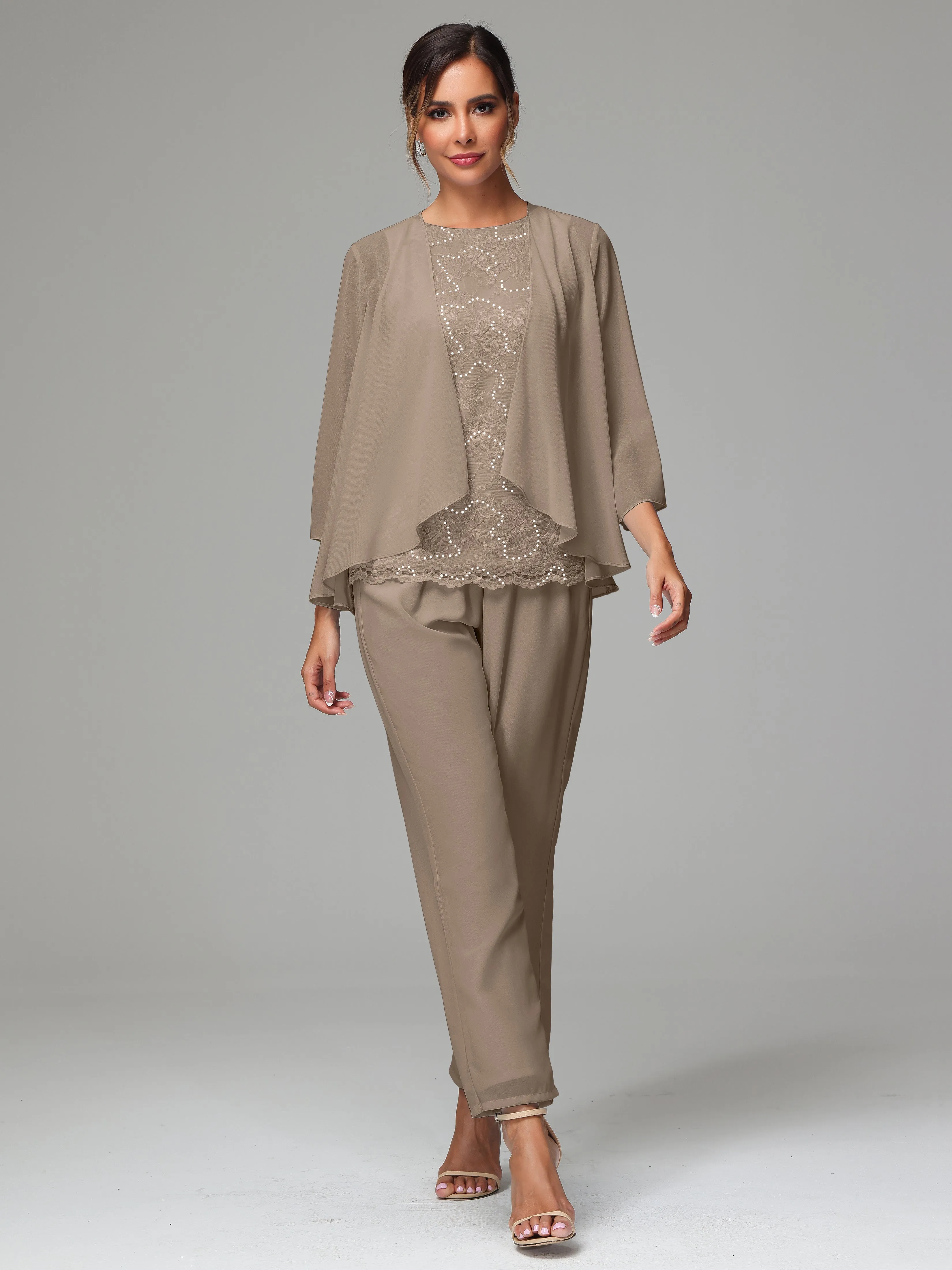 Chiffon Lace Long Sleeves 3 Pieces Mother Of The Bride Dress Pants Suits