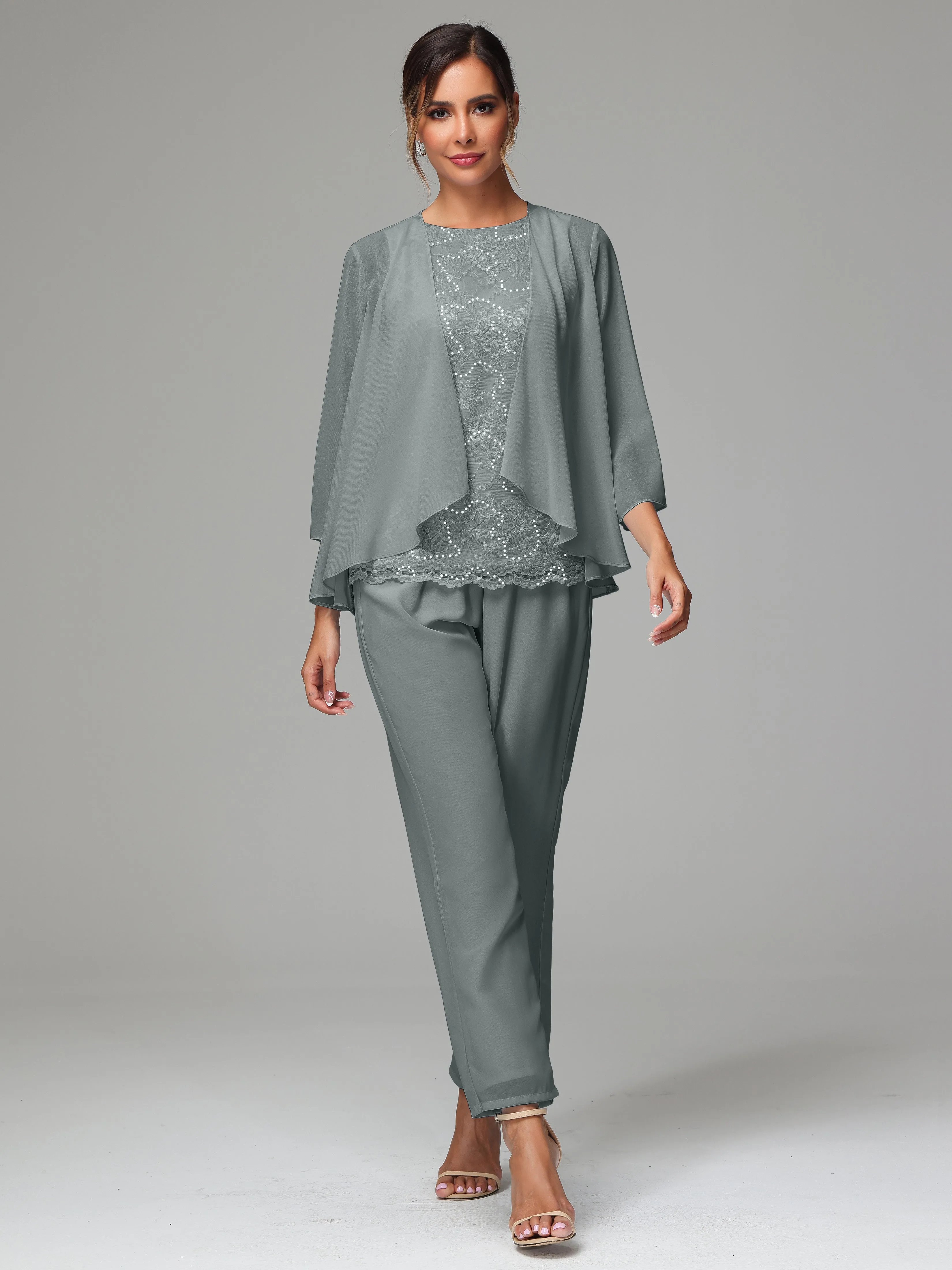 Chiffon Lace Long Sleeves 3 Pieces Mother Of The Bride Dress Pants Suits