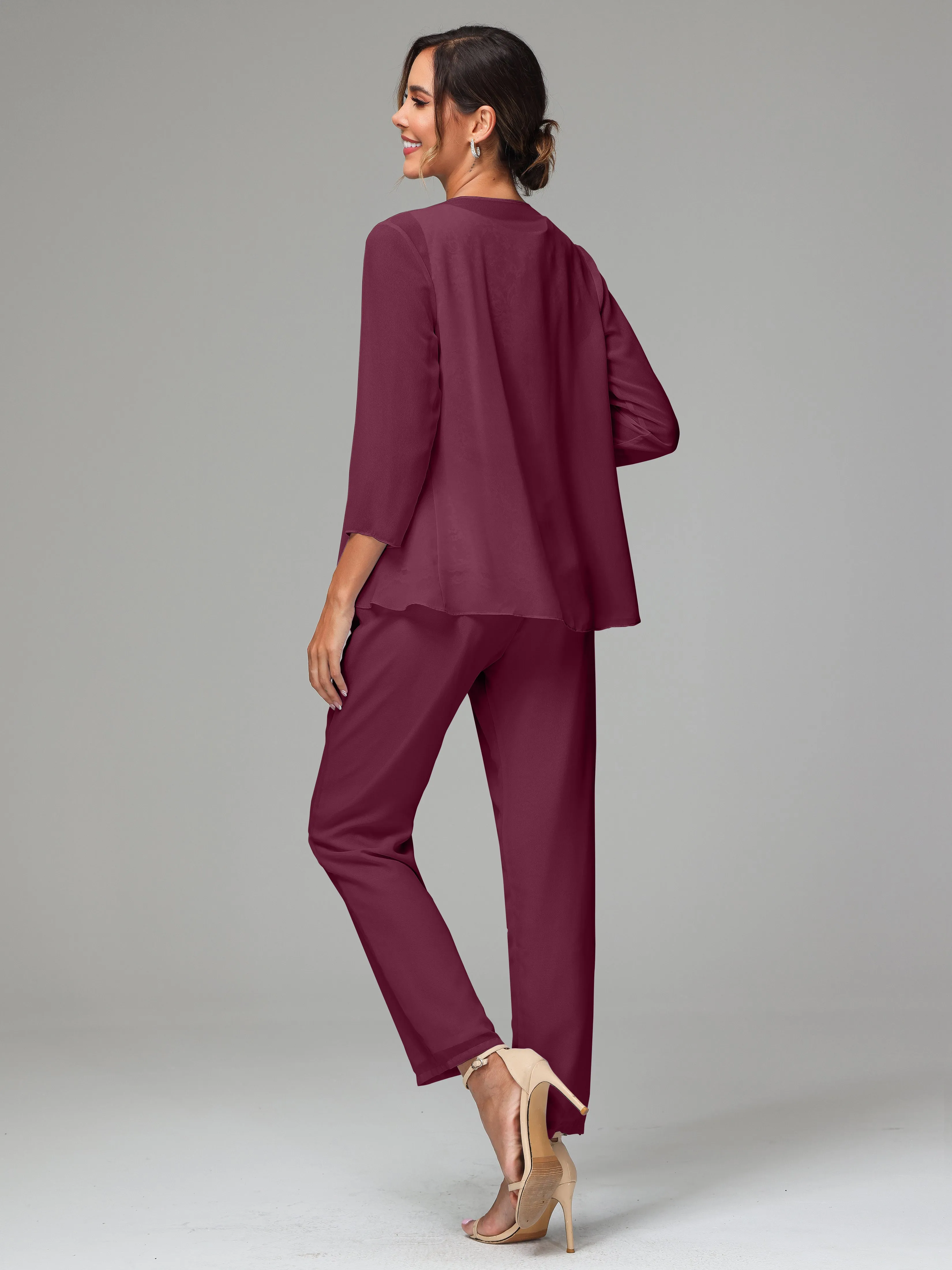 Chiffon Lace Long Sleeves 3 Pieces Mother Of The Bride Dress Pants Suits