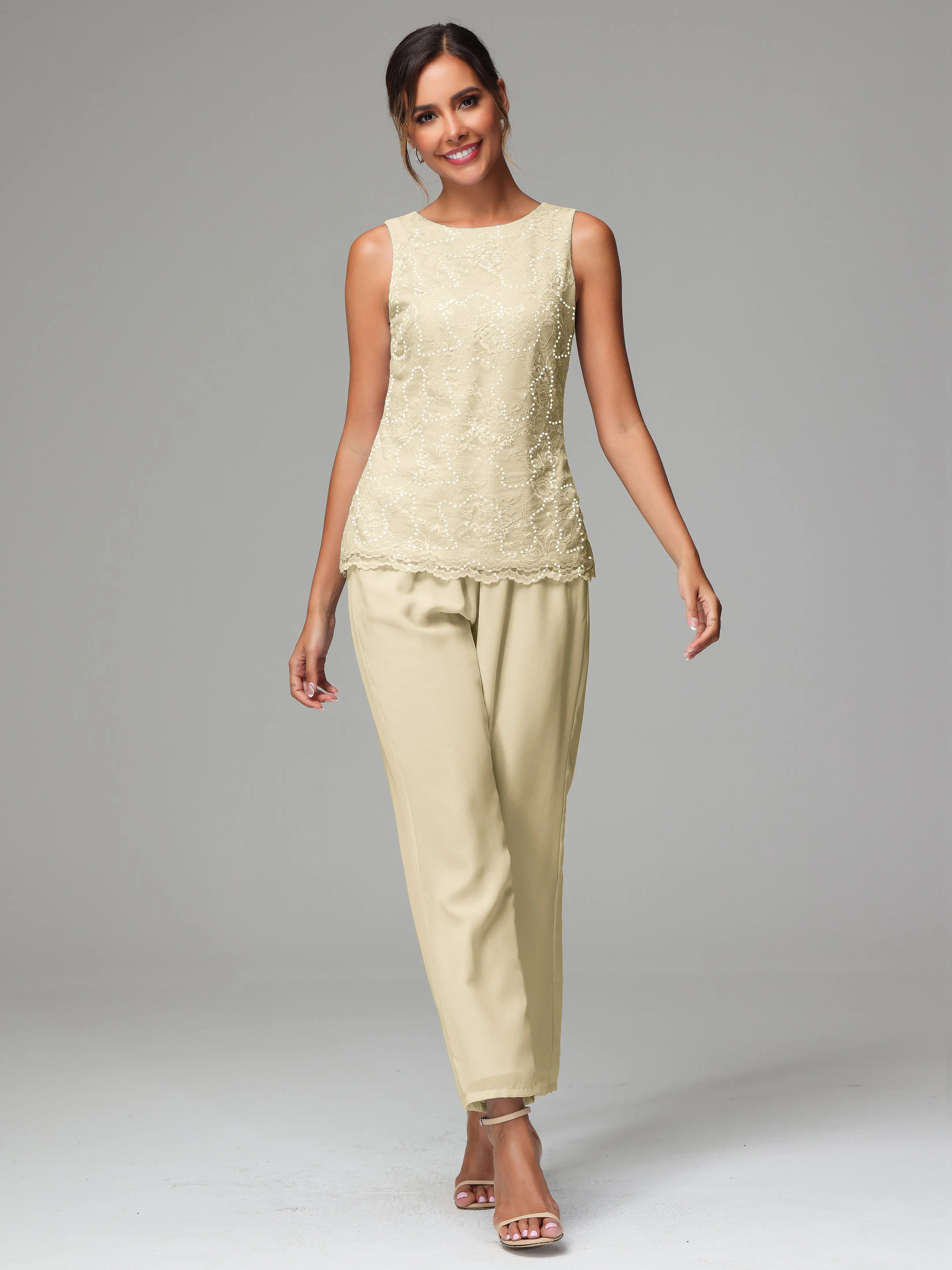 Chiffon Lace Long Sleeves 3 Pieces Mother Of The Bride Dress Pants Suits