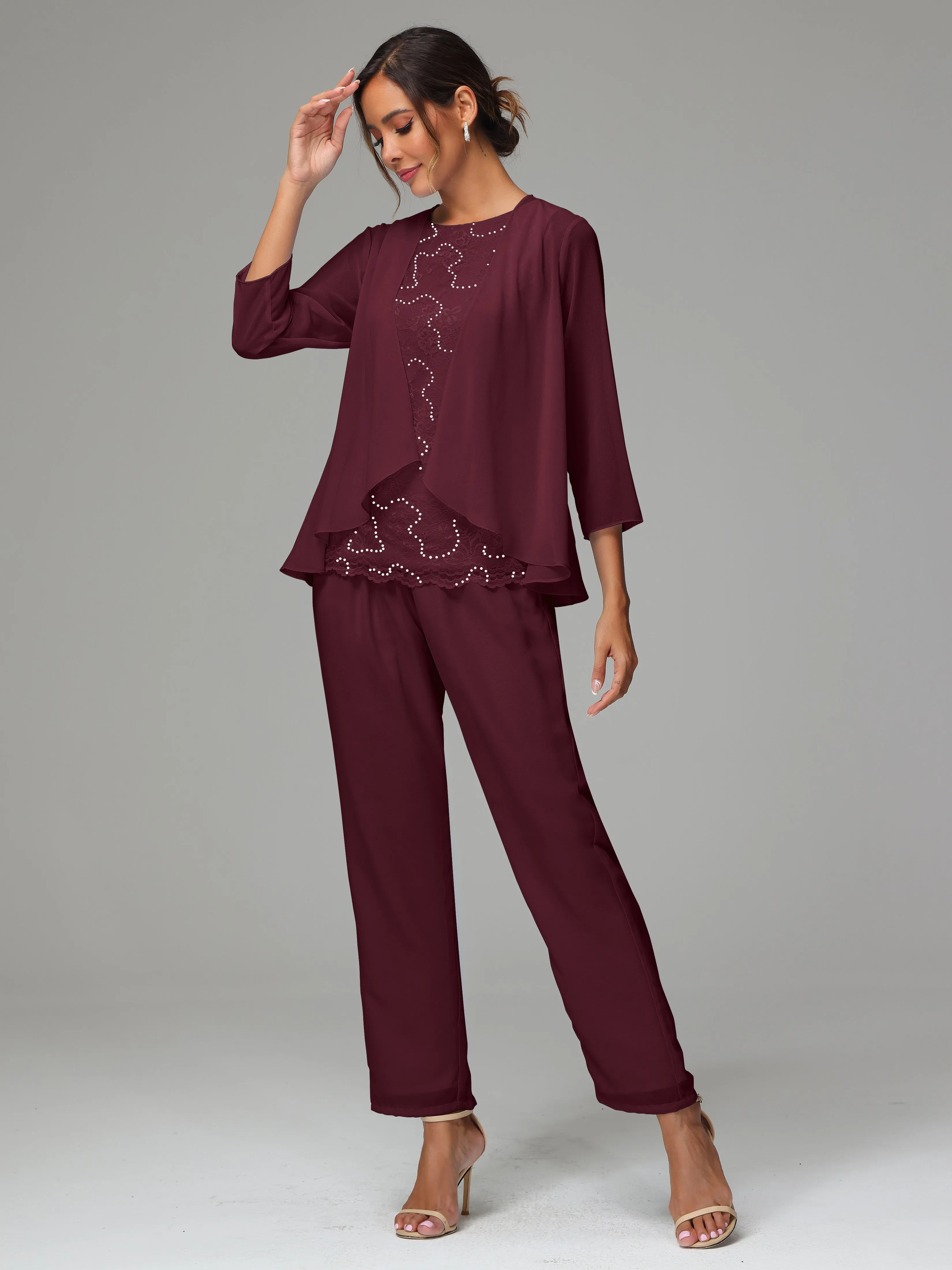 Chiffon Lace Long Sleeves 3 Pieces Mother Of The Bride Dress Pants Suits