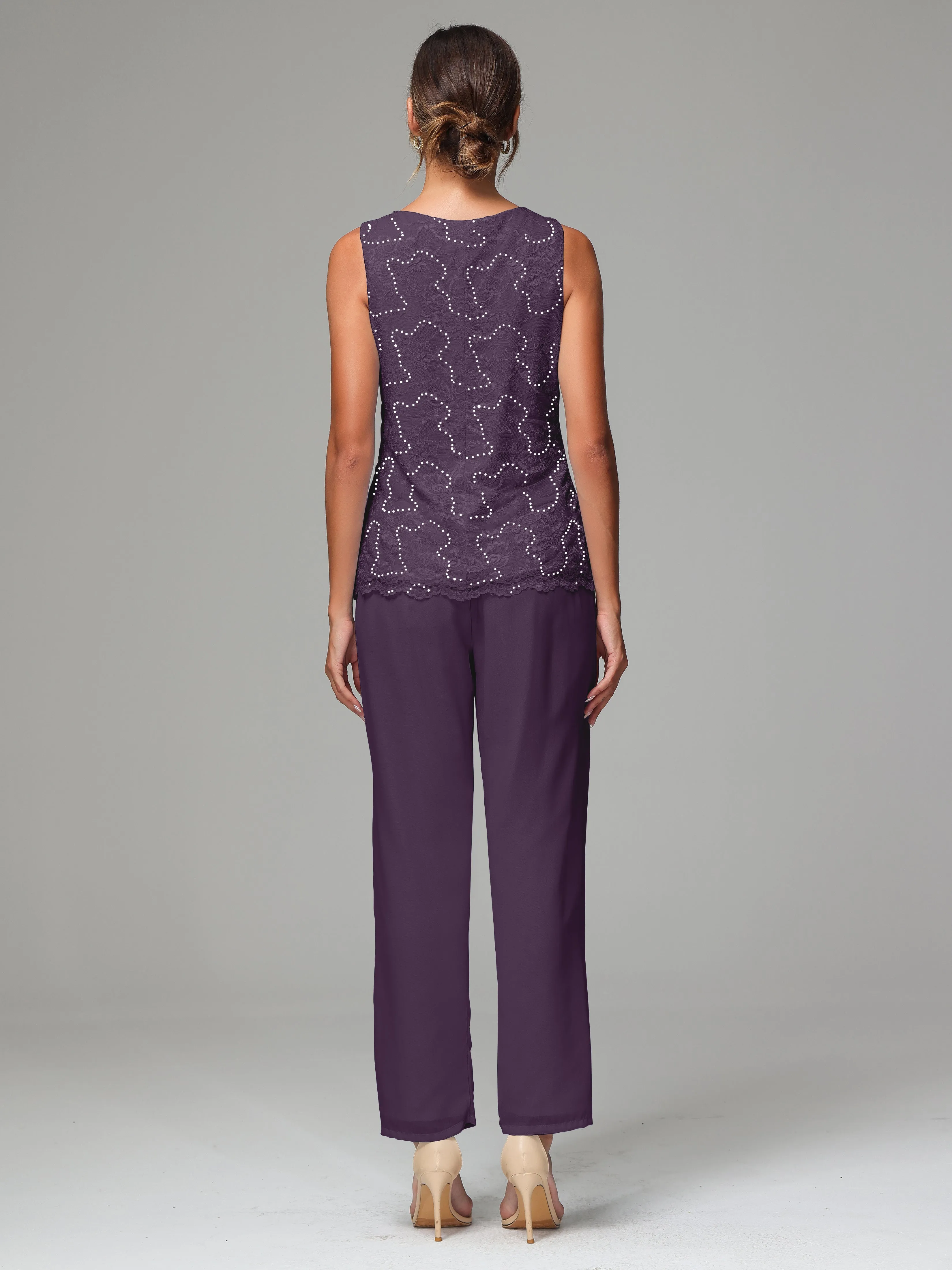 Chiffon Lace Long Sleeves 3 Pieces Mother Of The Bride Dress Pants Suits