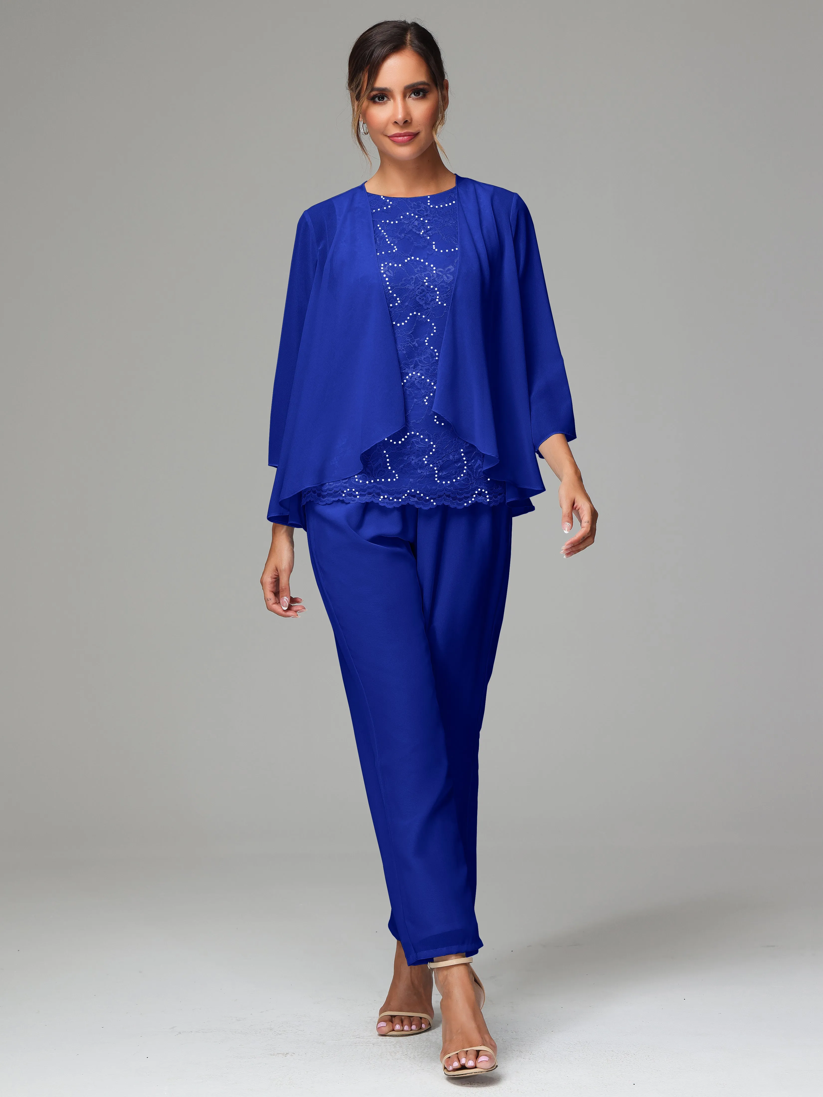 Chiffon Lace Long Sleeves 3 Pieces Mother Of The Bride Dress Pants Suits