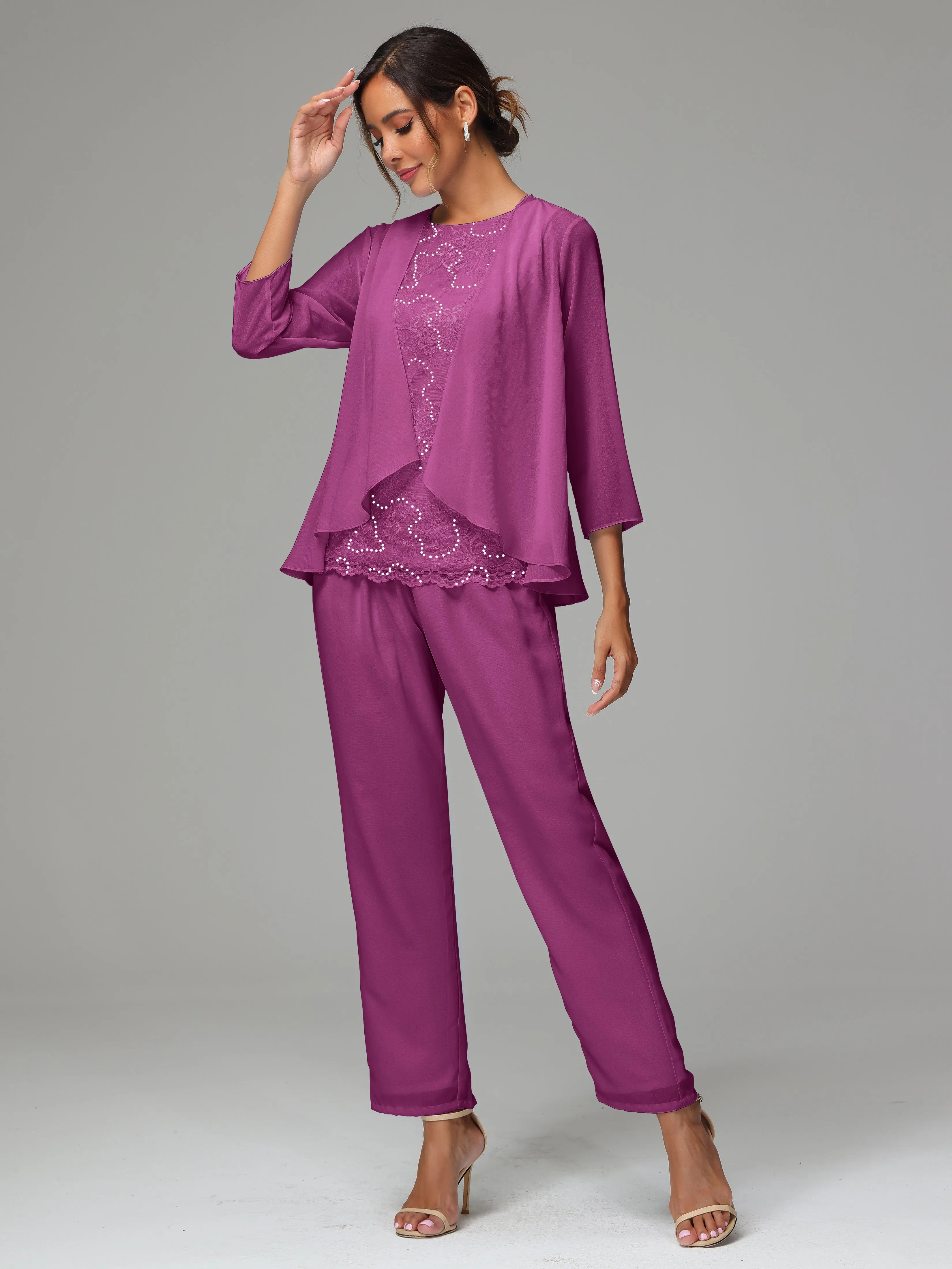 Chiffon Lace Long Sleeves 3 Pieces Mother Of The Bride Dress Pants Suits