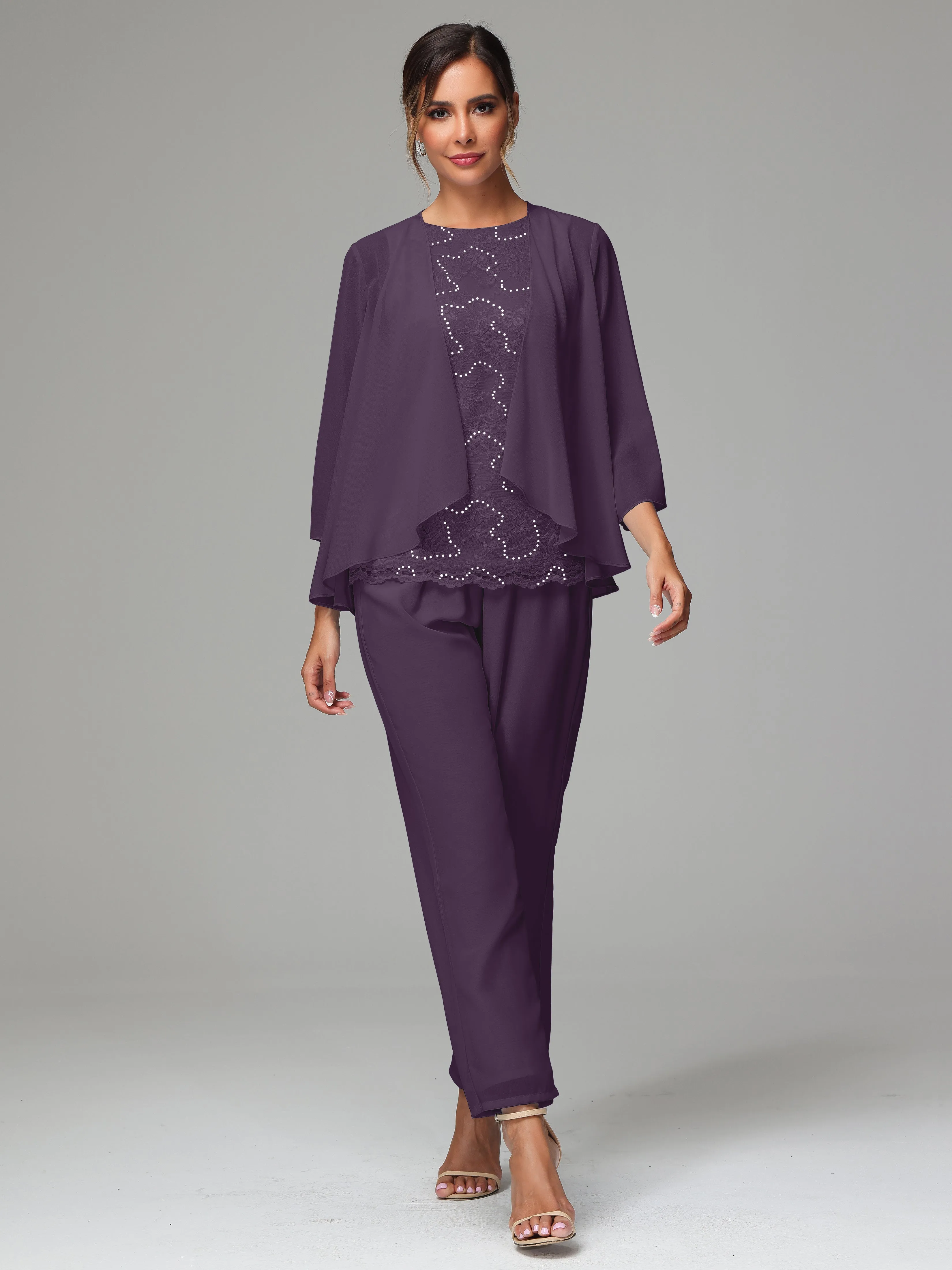 Chiffon Lace Long Sleeves 3 Pieces Mother Of The Bride Dress Pants Suits