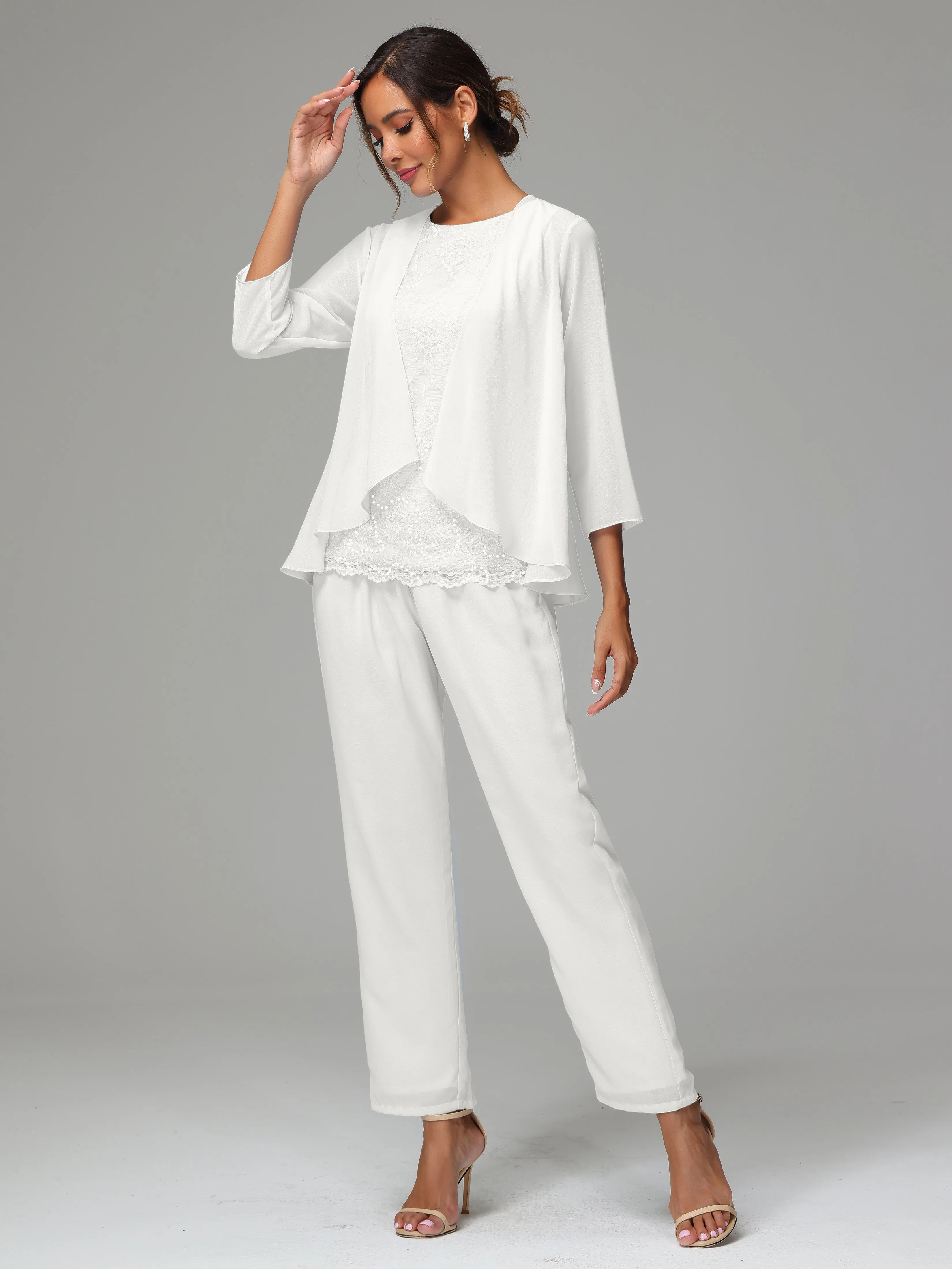 Chiffon Lace Long Sleeves 3 Pieces Mother Of The Bride Dress Pants Suits